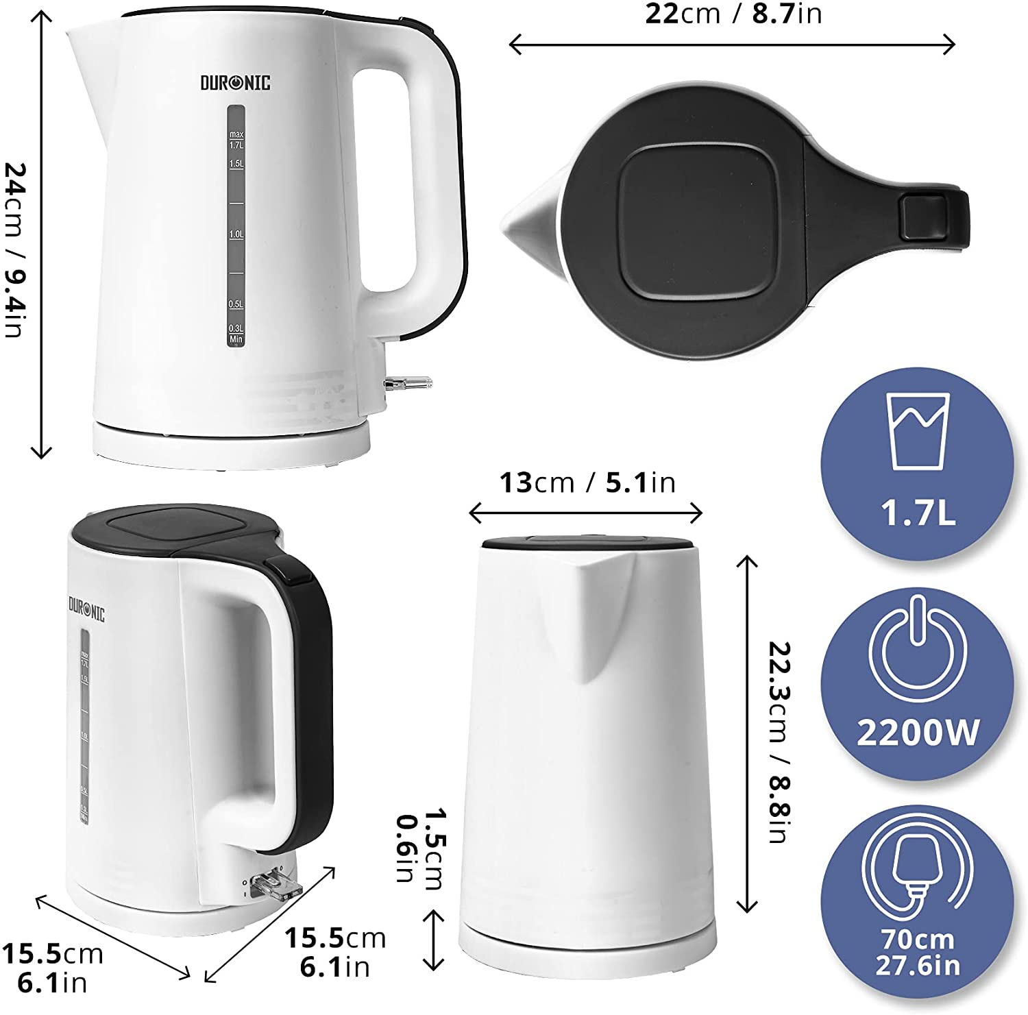 Weißer elektrischer Wasserkocher mit schwarzem Griff, Maßen und Abmessungen in Zoll und cm.
