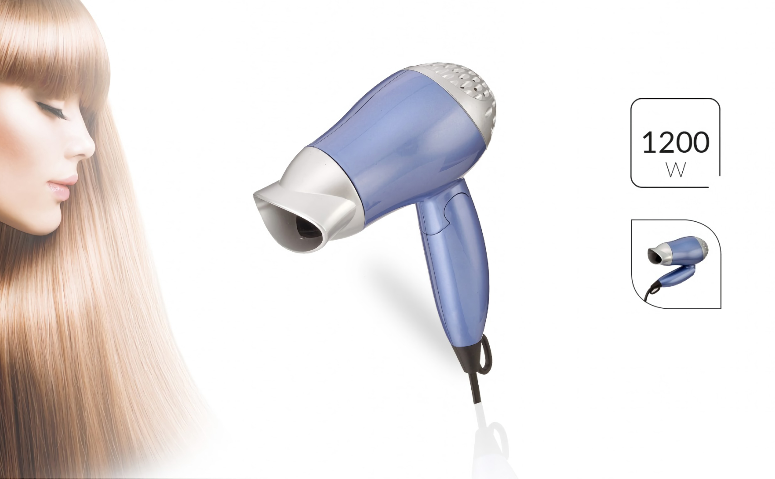 Secador de pelo azul y plateado con cabello de mujer e indicador de potencia, sobre fondo blanco.