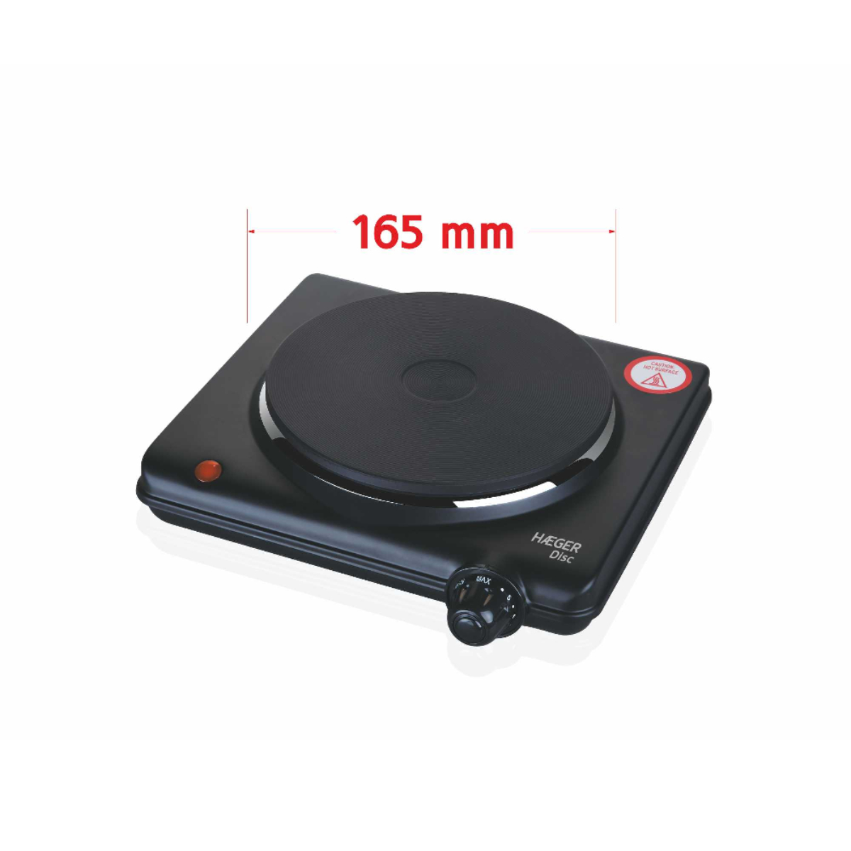 Czarna elektryczna płyta grzejna z okrągłym elementem grzejnym i pokrętłem temperatury.