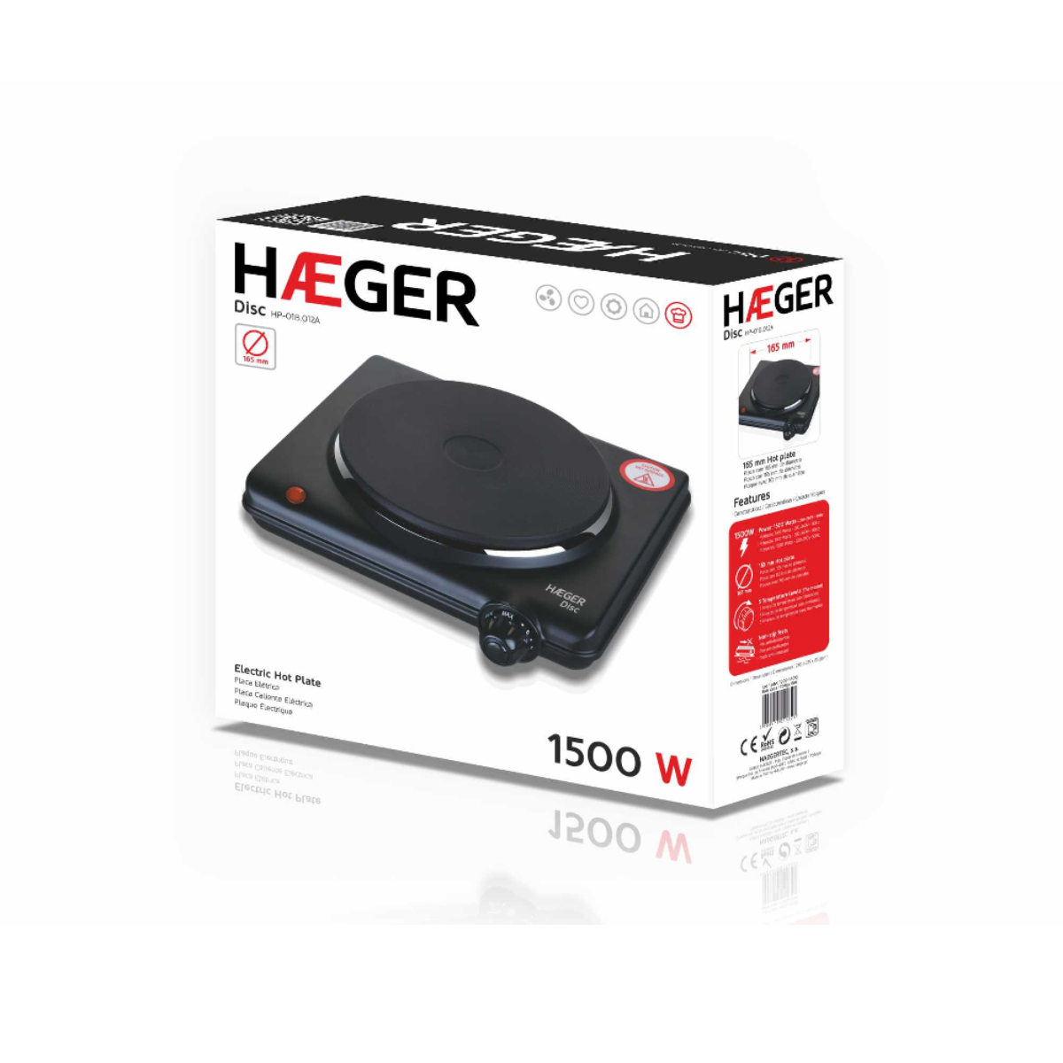 Zapakowana elektryczna płyta grzejna z czarną powierzchnią i pokrętłem. Pudełko wyświetla informacje.