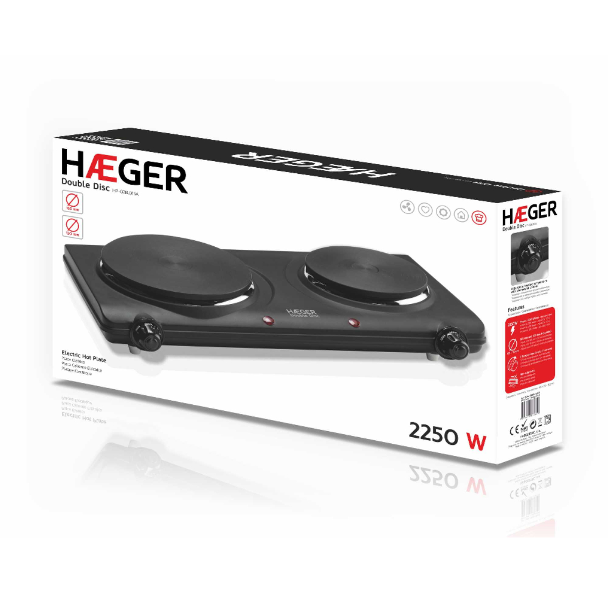 Elektryczna płyta grzewcza z dwoma dyskami z czarnymi powierzchniami grzewczymi i czarno-białym pudełkiem.