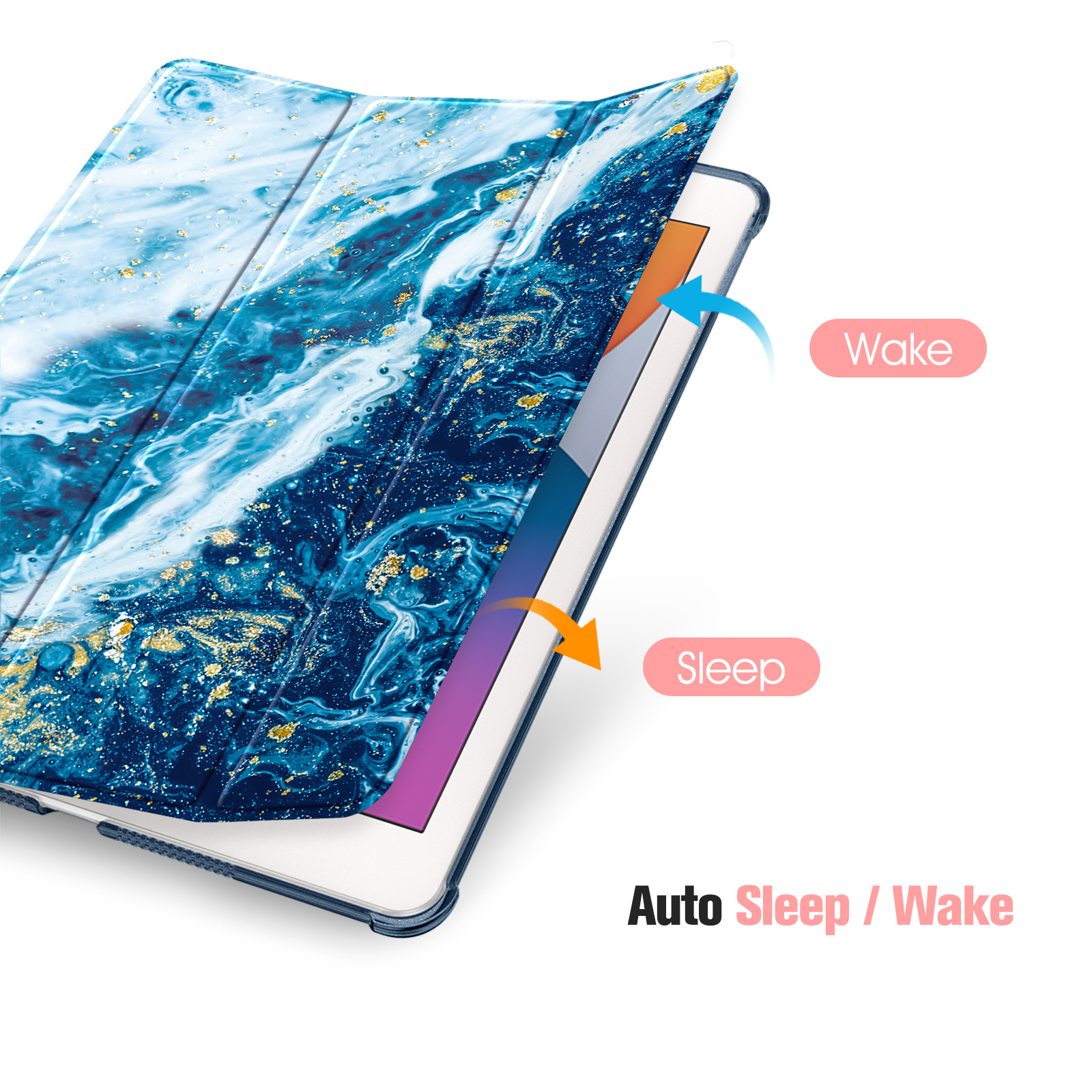 Tablet-Bildschirm mit Hülle, das Hüllendesign ist blau und gold.