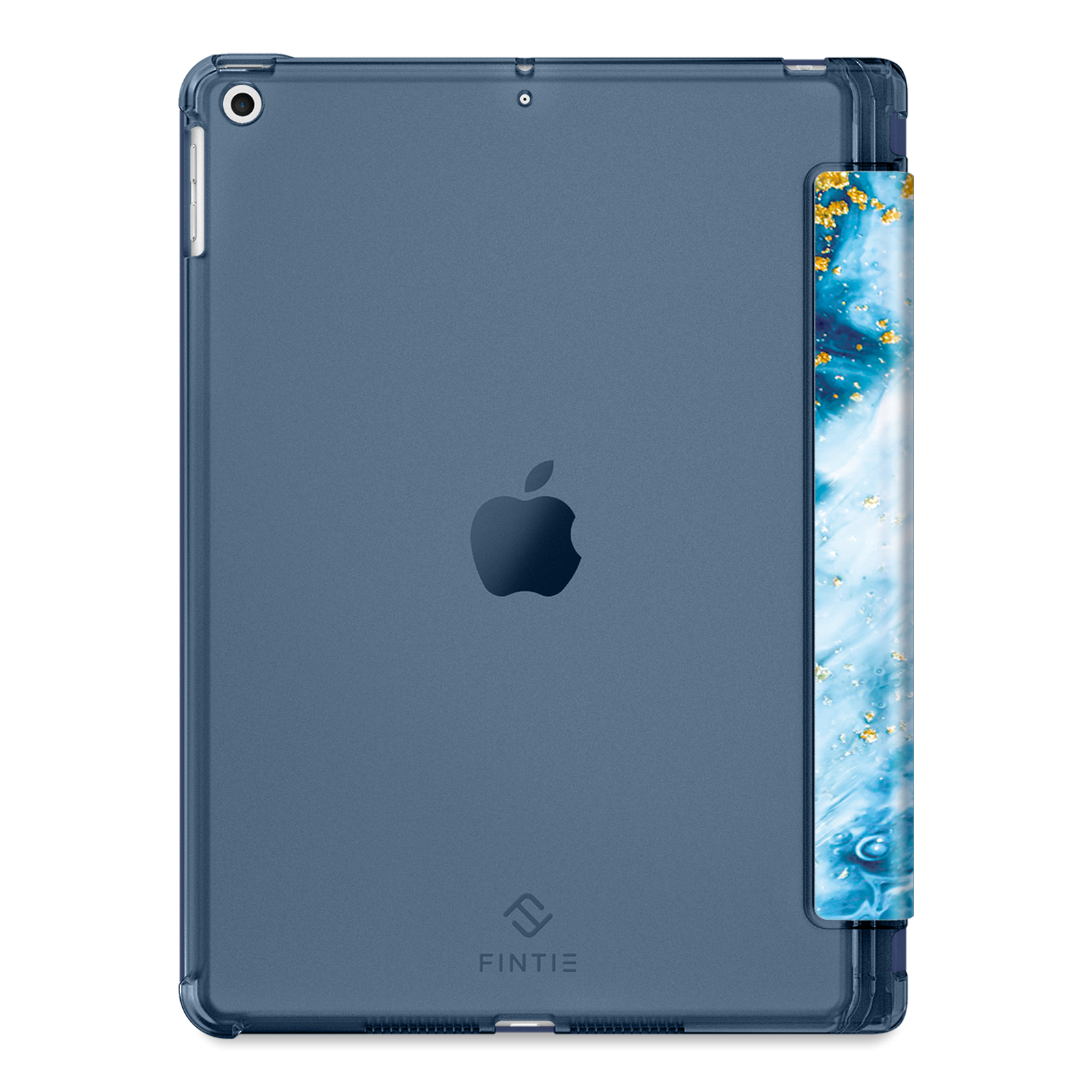 Blaues iPad in einer transparenten Hülle mit dekorativer Seitenverkleidung.