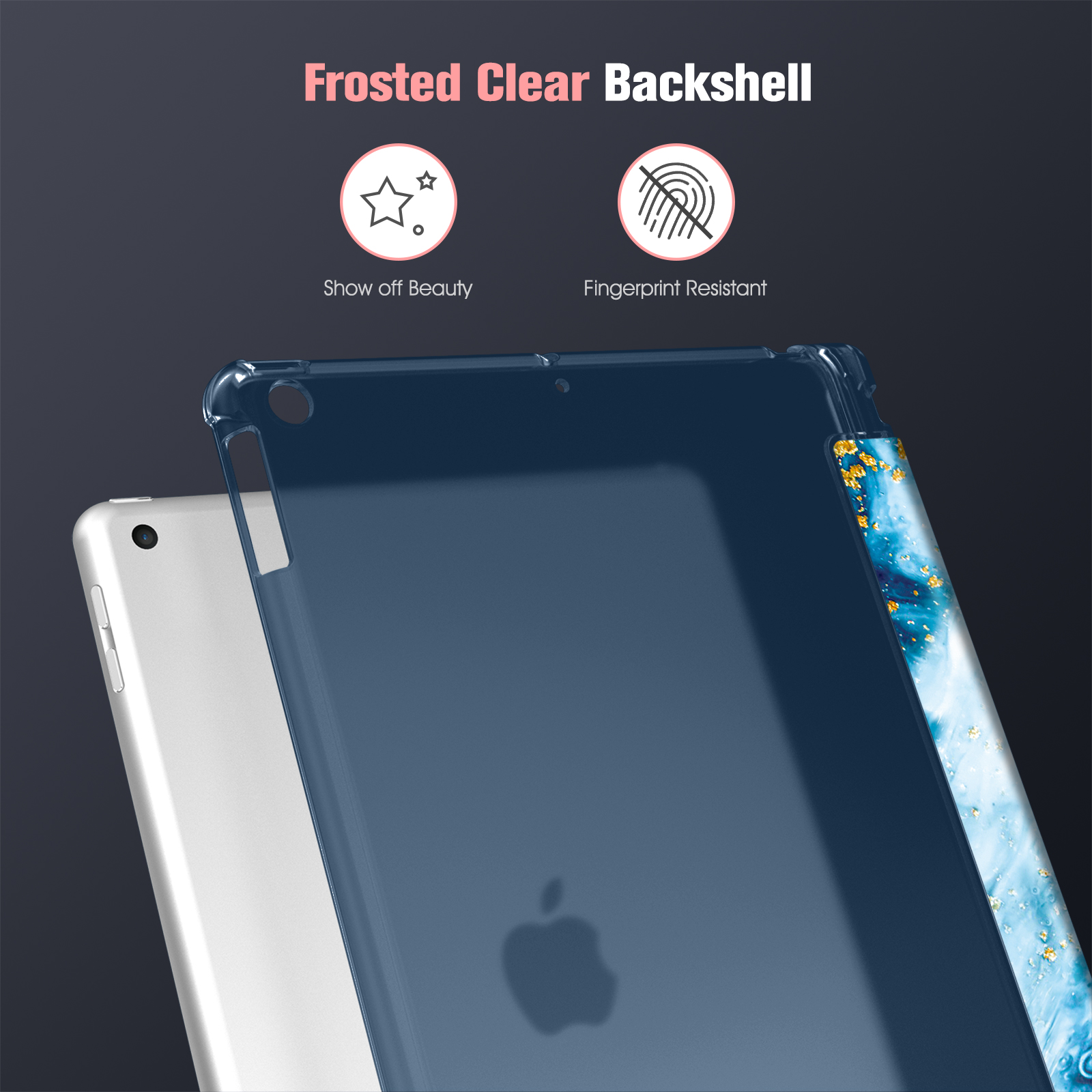 Eine transparente, blaue Rückschale für ein iPad mit mattiertem Design, Apfel-Logo und Fingerabdruckschutz.