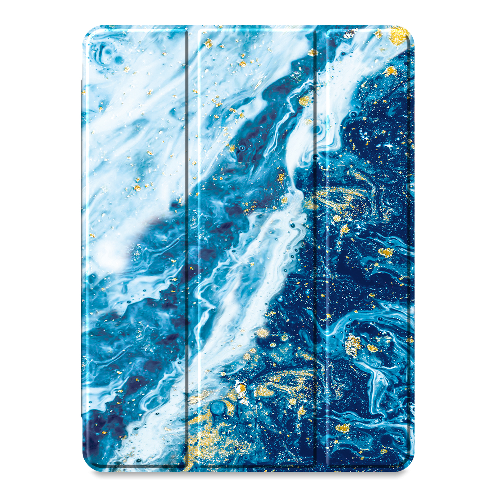 Blau-weißes Marmormuster auf einer Tablet-Hülle, mit goldenen Akzenten und glänzendem Finish.