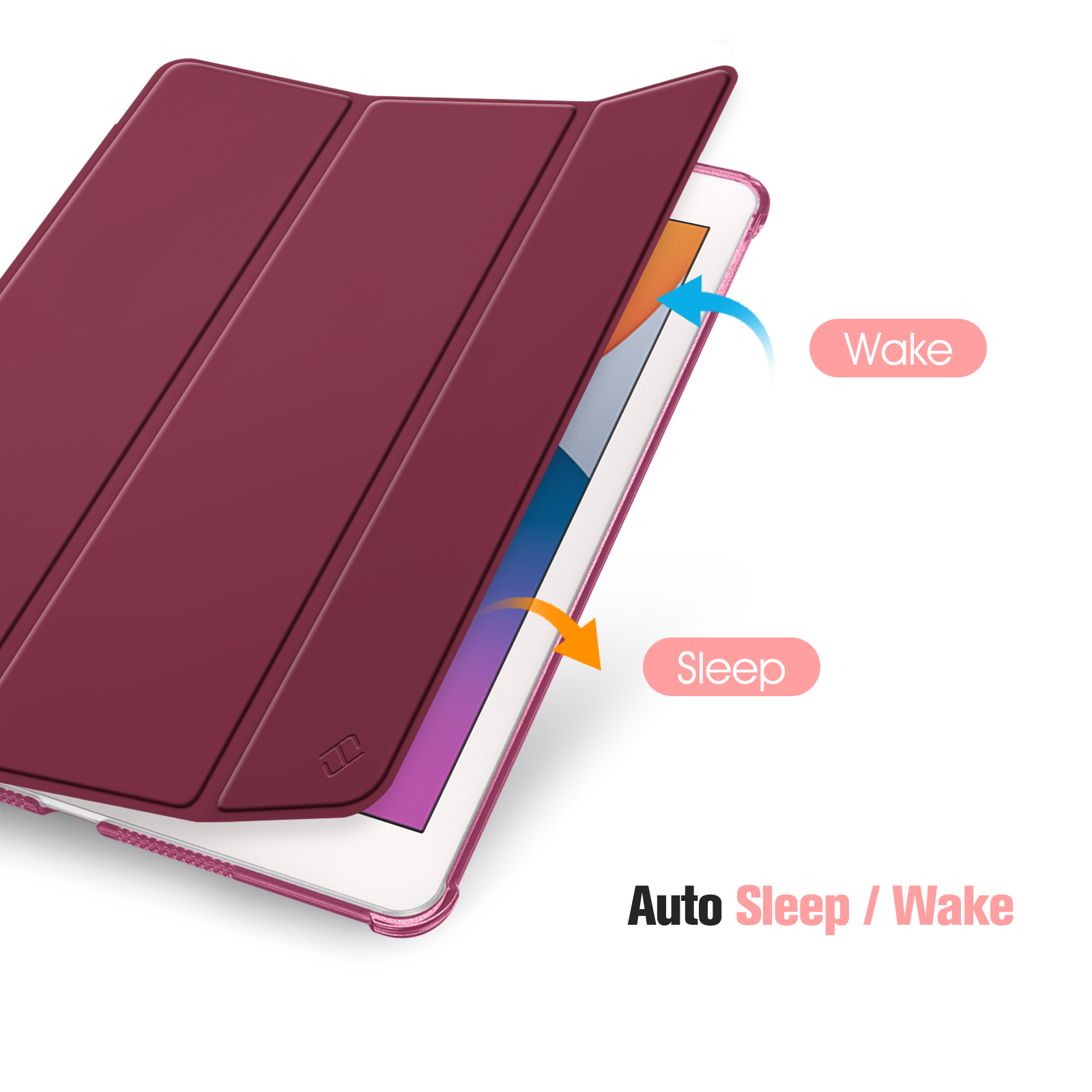 Weinrote Tablethülle geöffnet, zeigt ein Tablet mit den Labels 'Wake' und 'Sleep'.