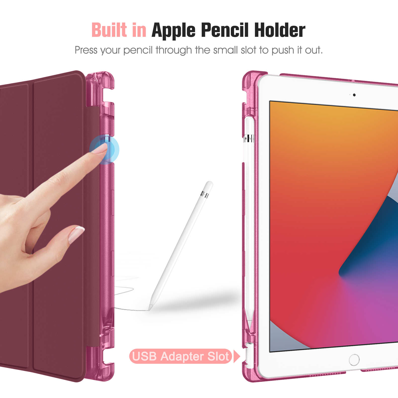 Ein iPad in einem rosa Gehäuse. Eine Hand drückt einen Knopf, daneben ein Stift.