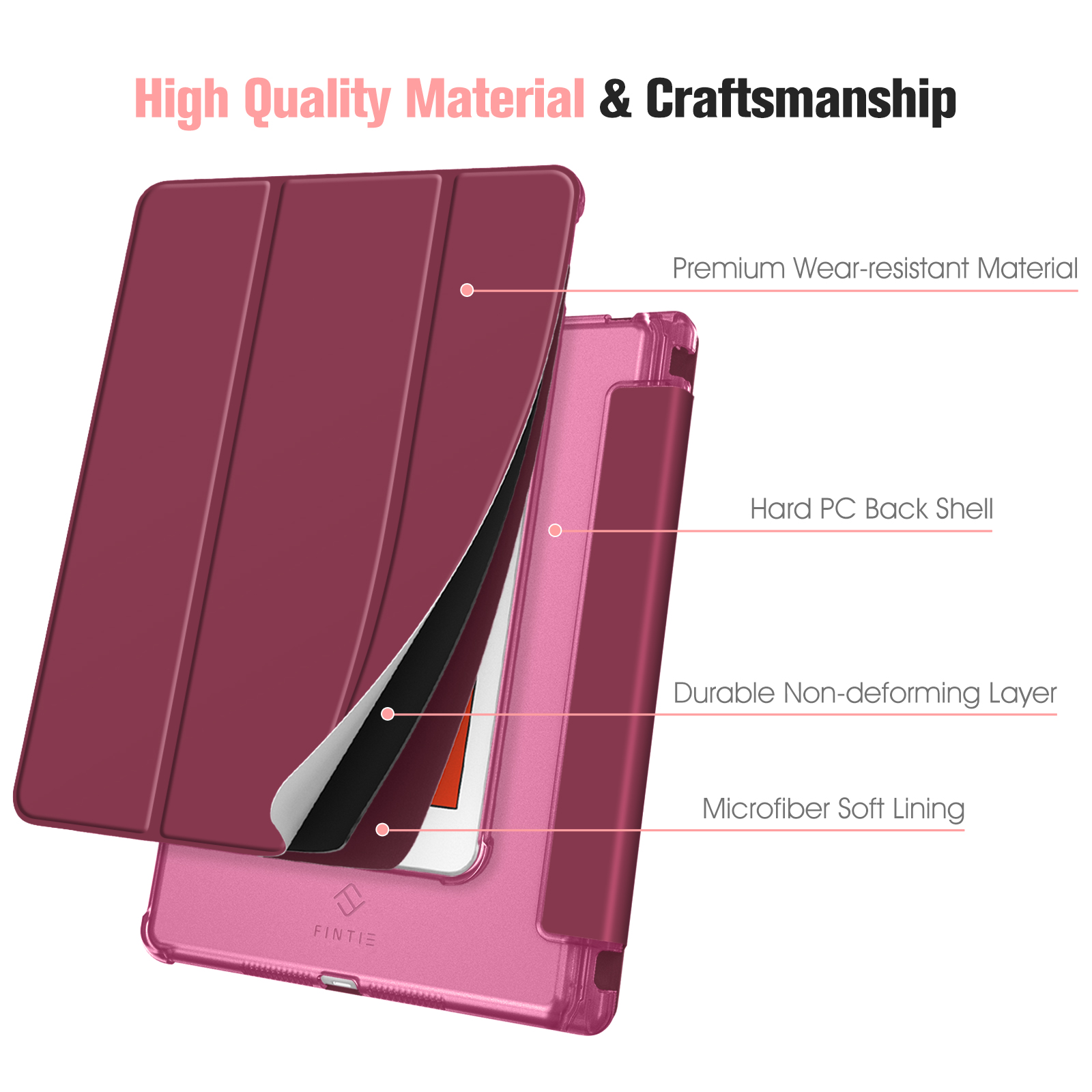 Geöffnete Tablet-Hülle, zeigt Schichten: bordeauxroter Deckel, schwarze Schicht und rosa Rückenschale.