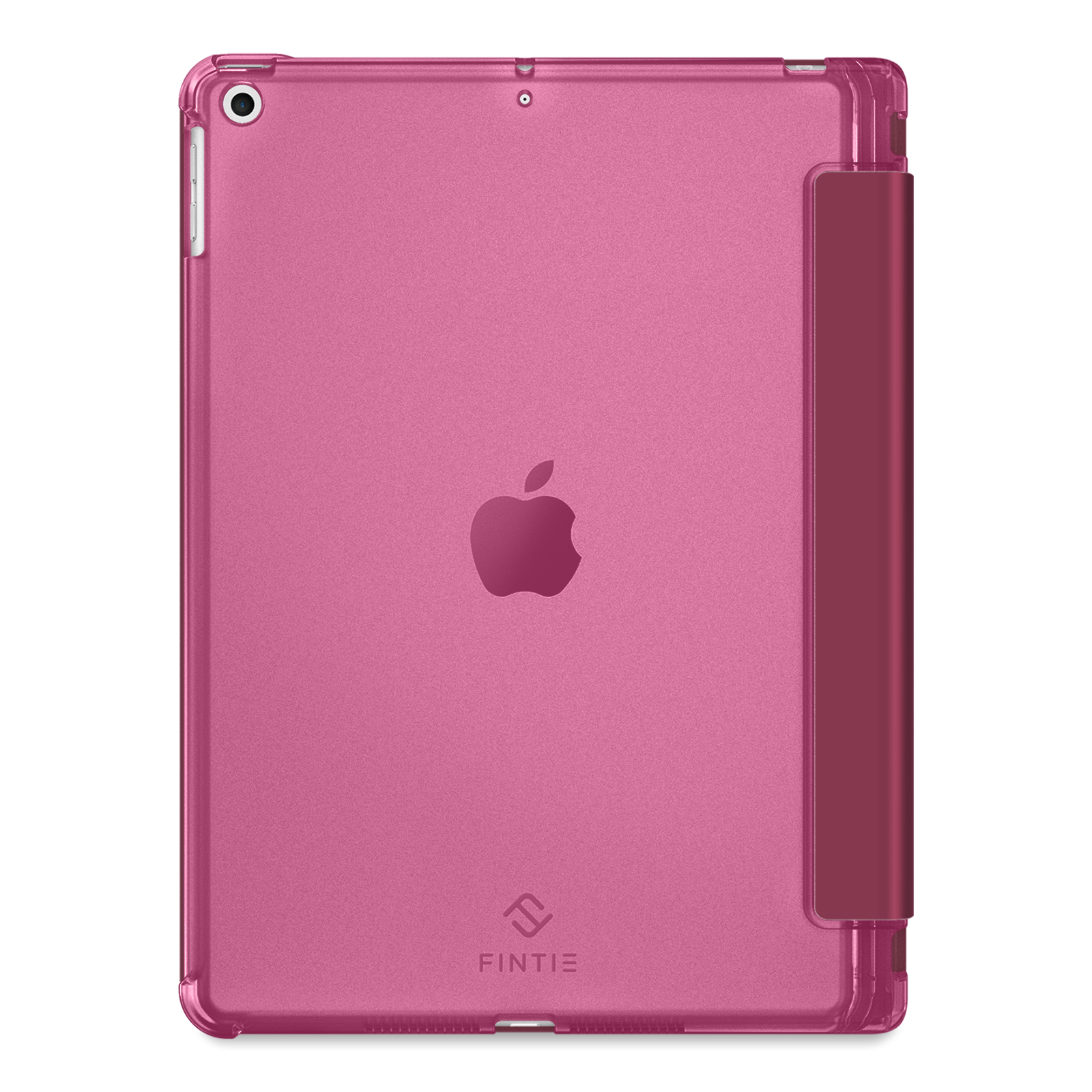 Eine pinkfarbene iPad-Hülle mit einer Abdeckung und einem roten Apfel-Logo.