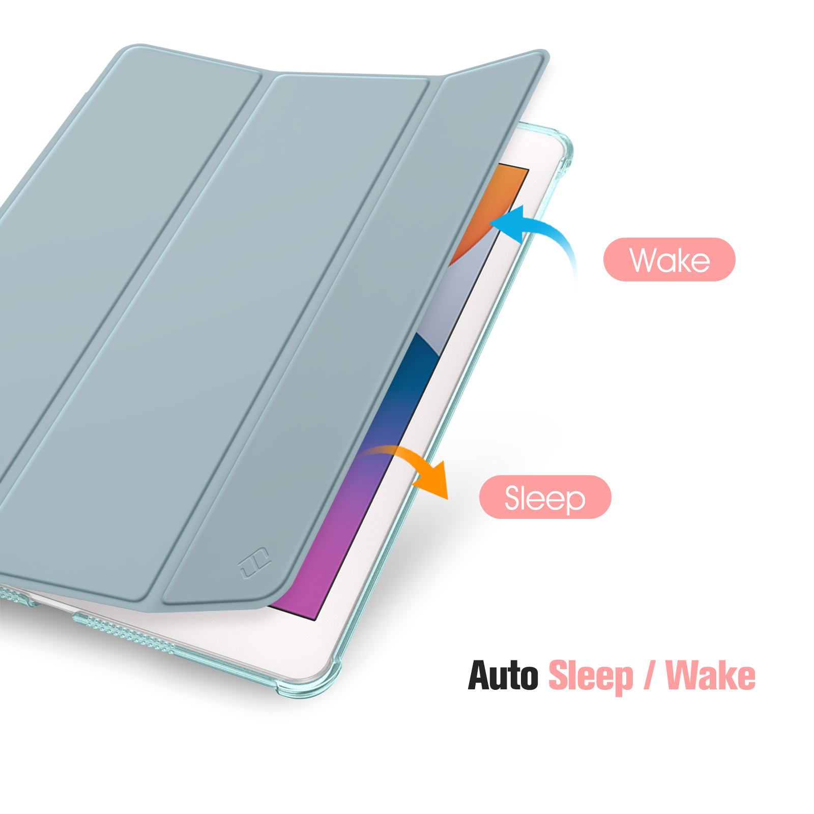Hellblaues Tablet-Case geöffnet. Text liest sich 'Wake' und 'Sleep'. Die Wörter 'Auto Sleep/Wake' erscheinen.