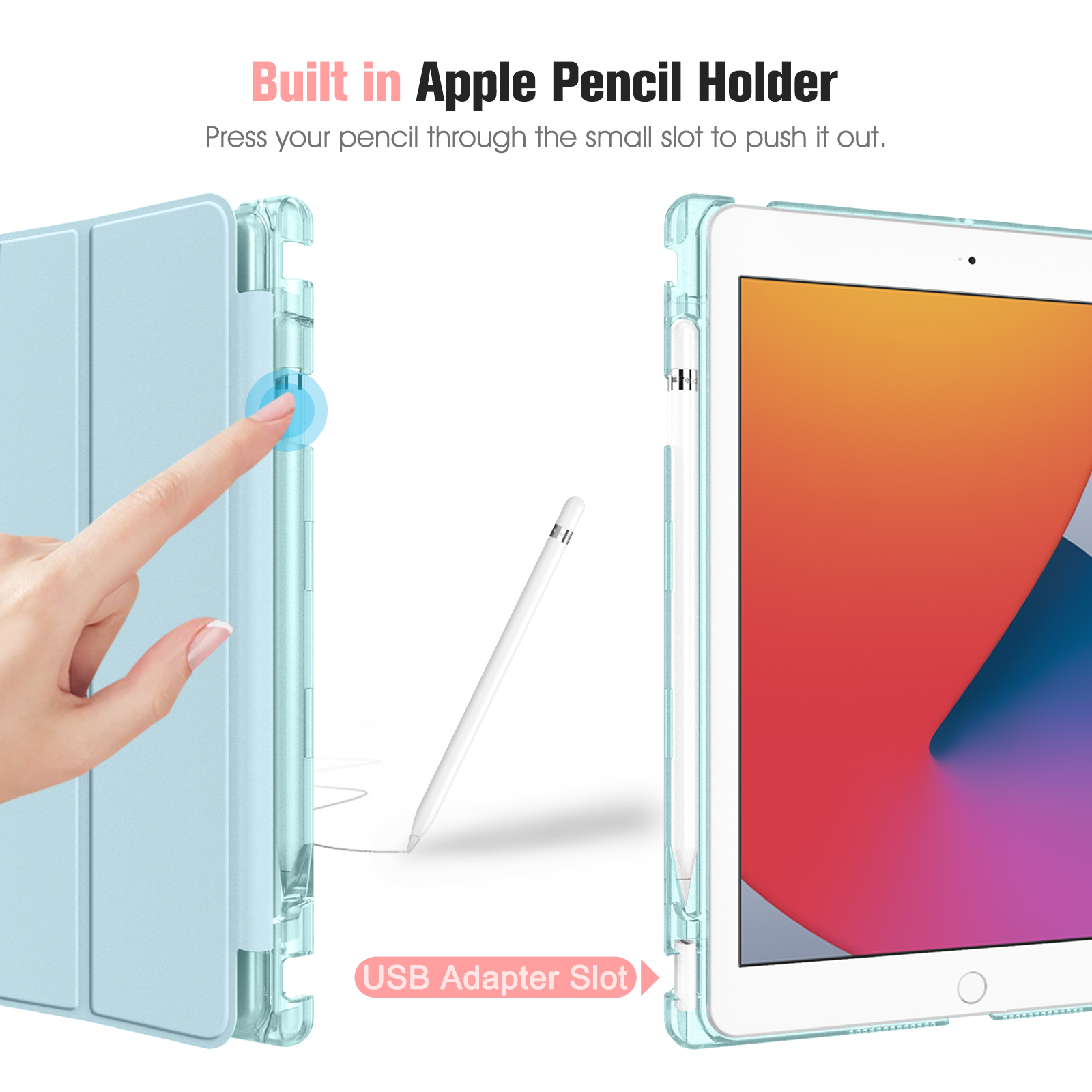 Tablet-Hülle mit Finger, der einen Knopf drückt, um einen Stift und einen USB-Steckplatz herauszudrücken.