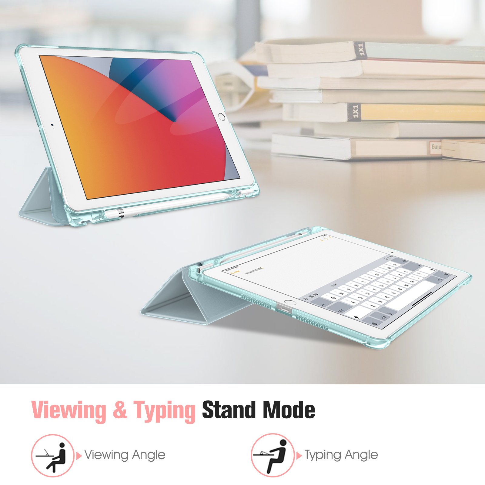 Zwei Ansichten eines Tablets in einer transparenten Hülle. Es wird im Betrachtungs- und Tippmodus gezeigt.