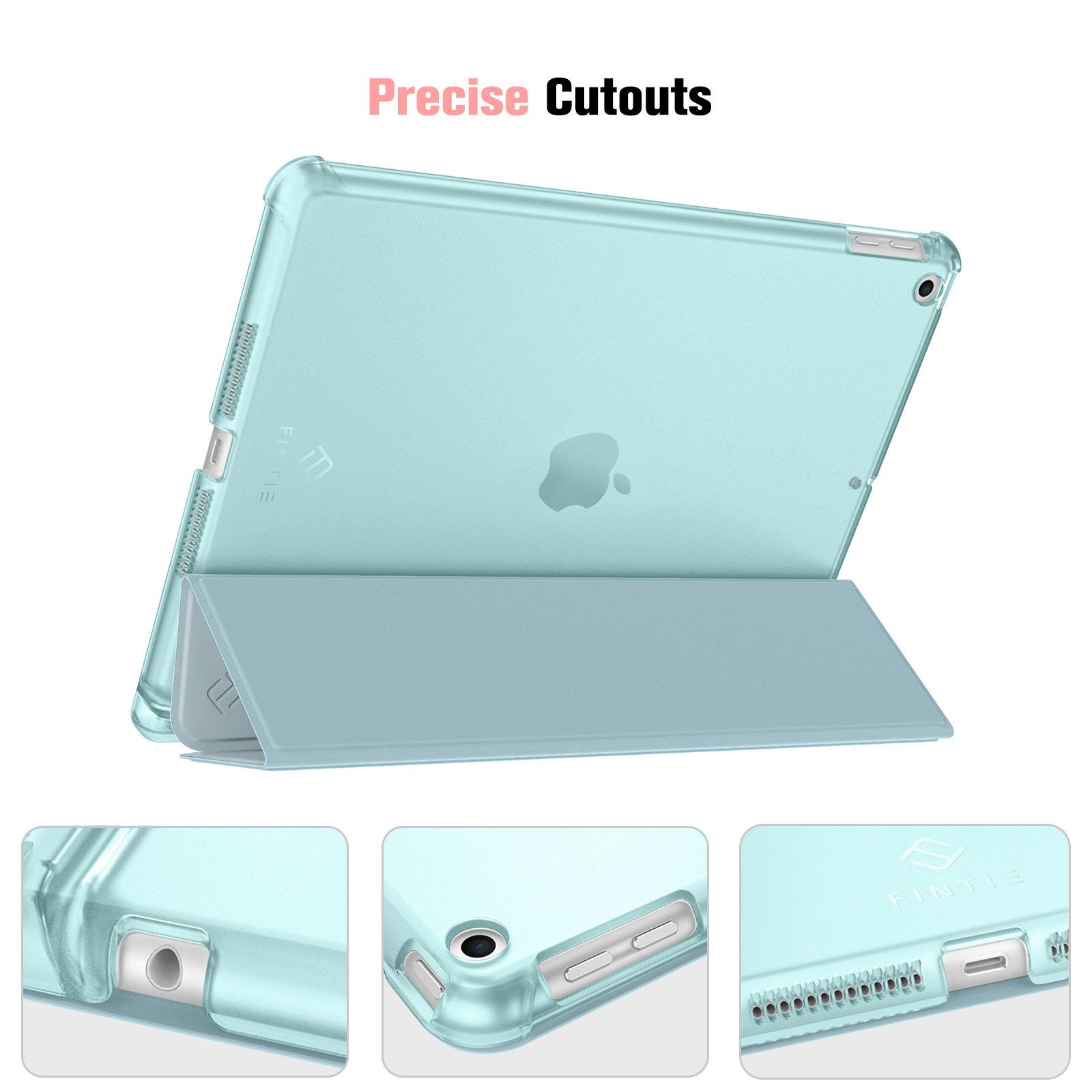 Transparente Tablet-Hülle mit präzisen Aussparungen. Die Hülle ist hellblau mit Ständer.