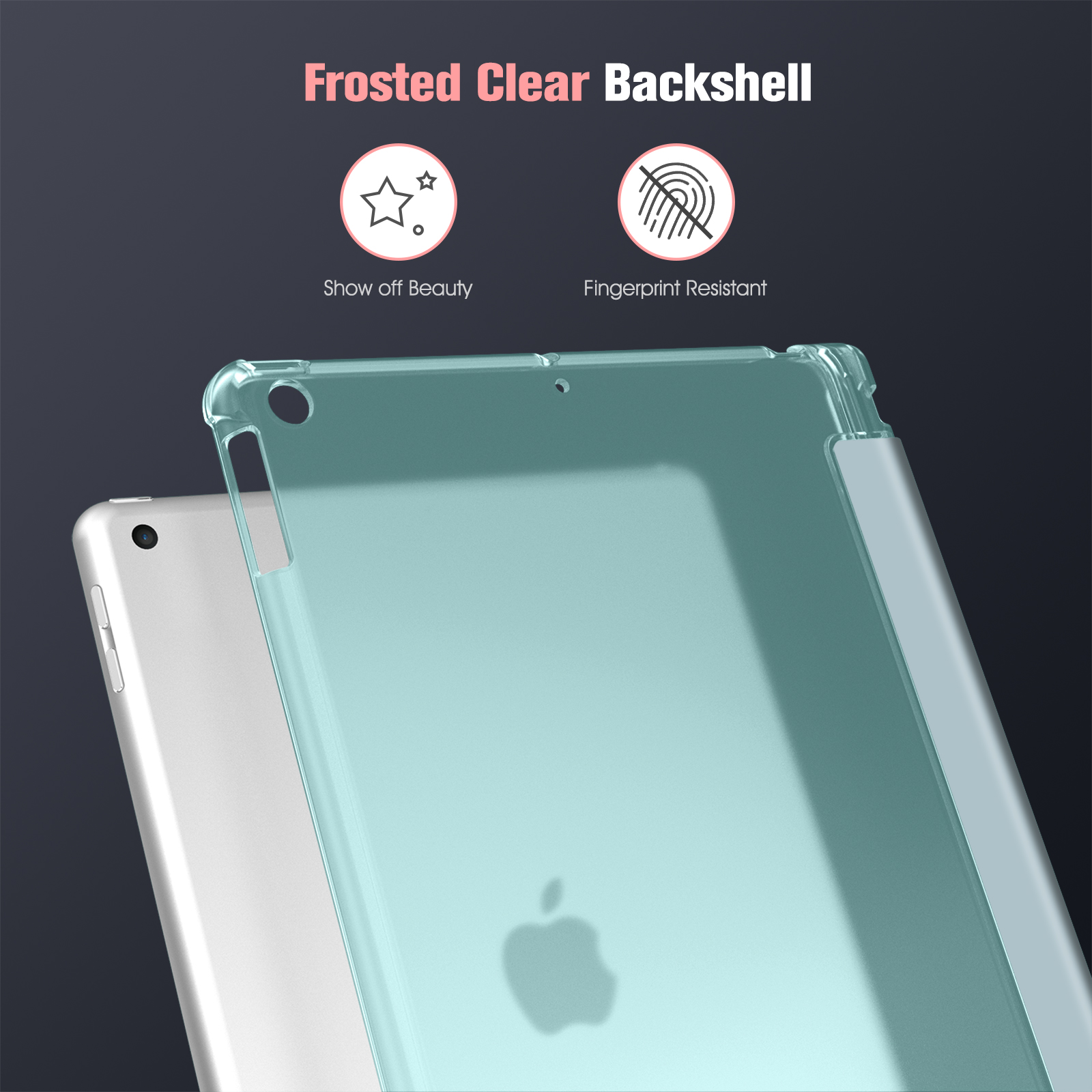 Eine transparente, grün getönte iPad-Hülle mit dem Text 'Frosted Clear Backshell' darüber.