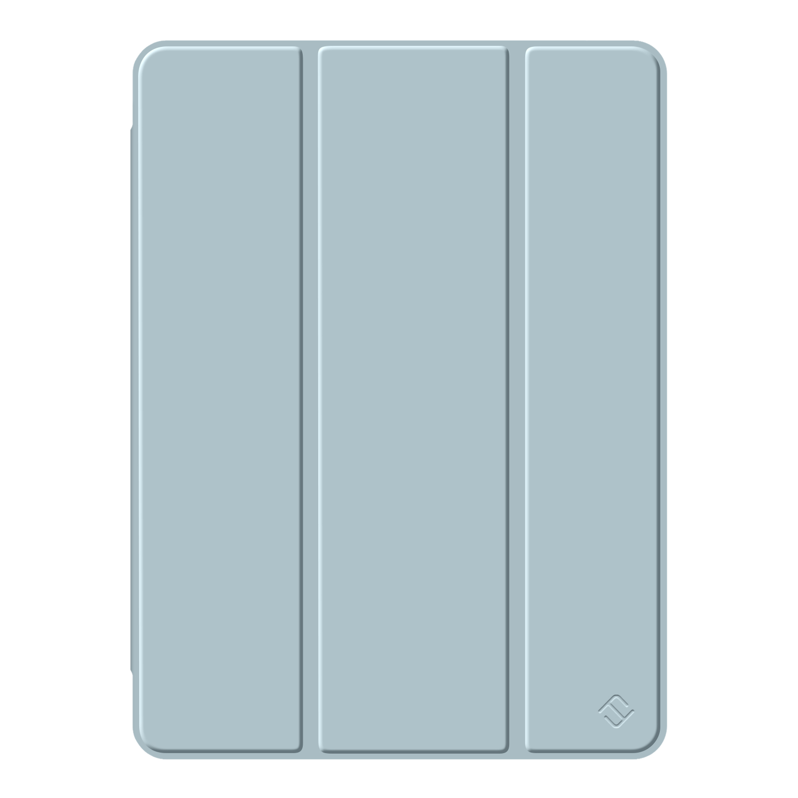 Hellblaue iPad-Hülle, in drei Abschnitte gefaltet, mit Logo.