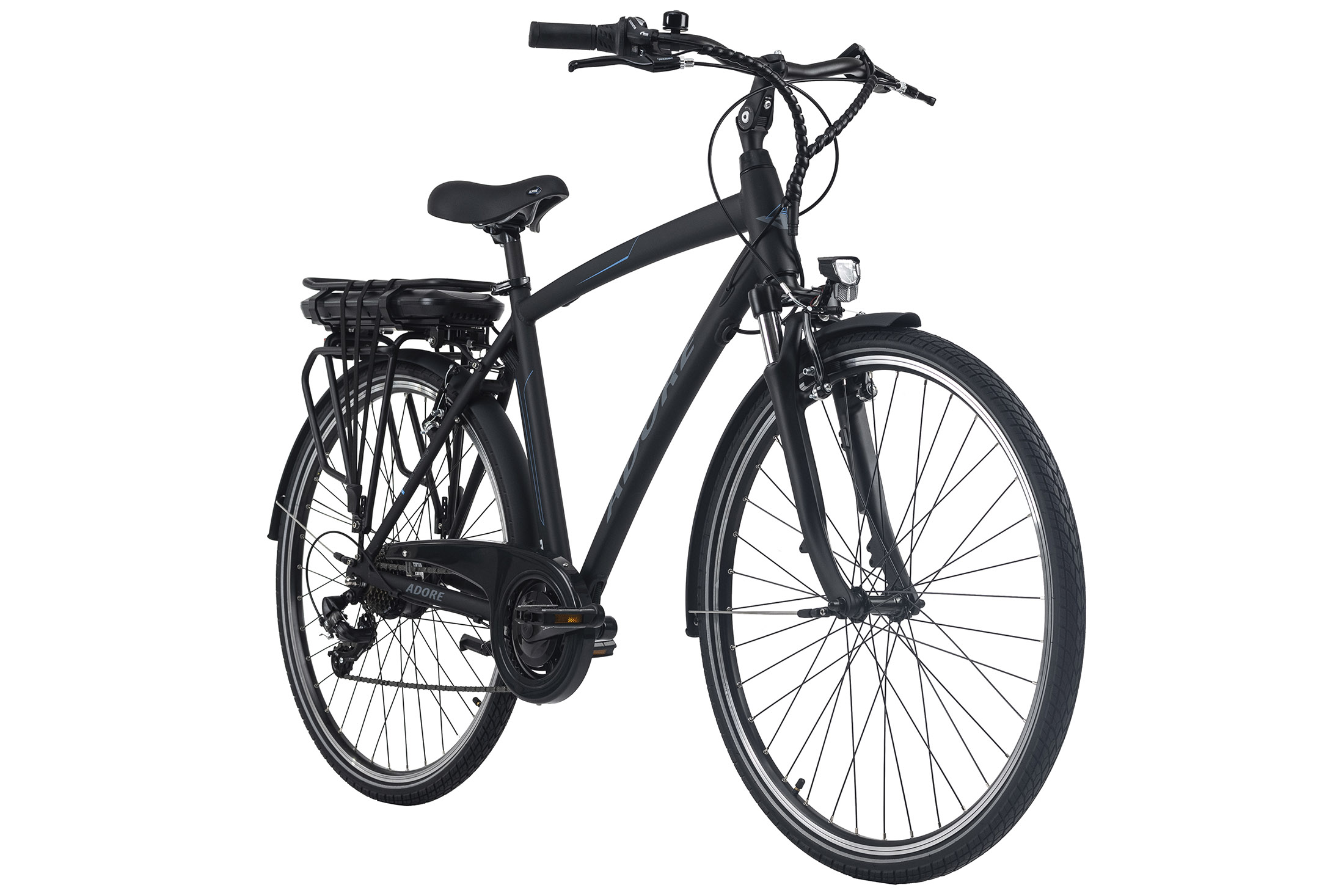 Ein elektrisches schwarzes Fahrrad. Es hat einen Akku, einen Korb und einen Scheinwerfer.