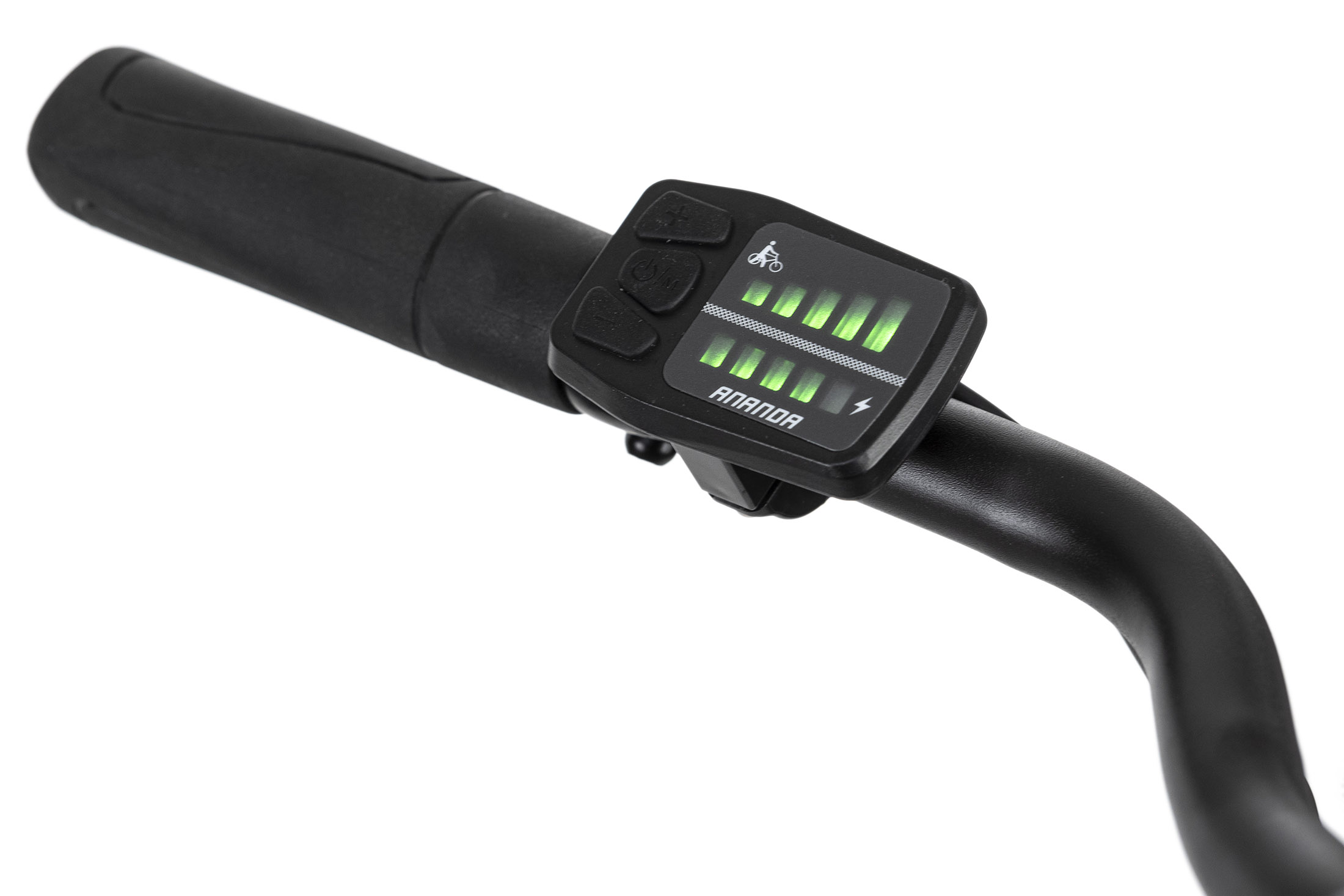 E-Bike-Lenker mit Display, das Akkuladung und Geschwindigkeit anzeigt, Marke Ananda, schwarz.