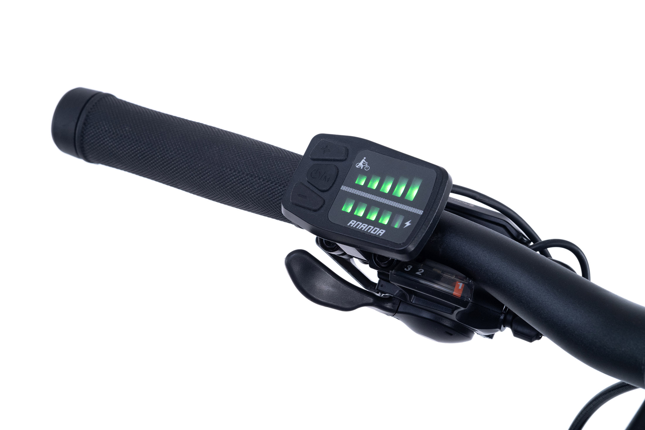 Lenker eines Elektrofahrrads mit Display, schwarz und grau.