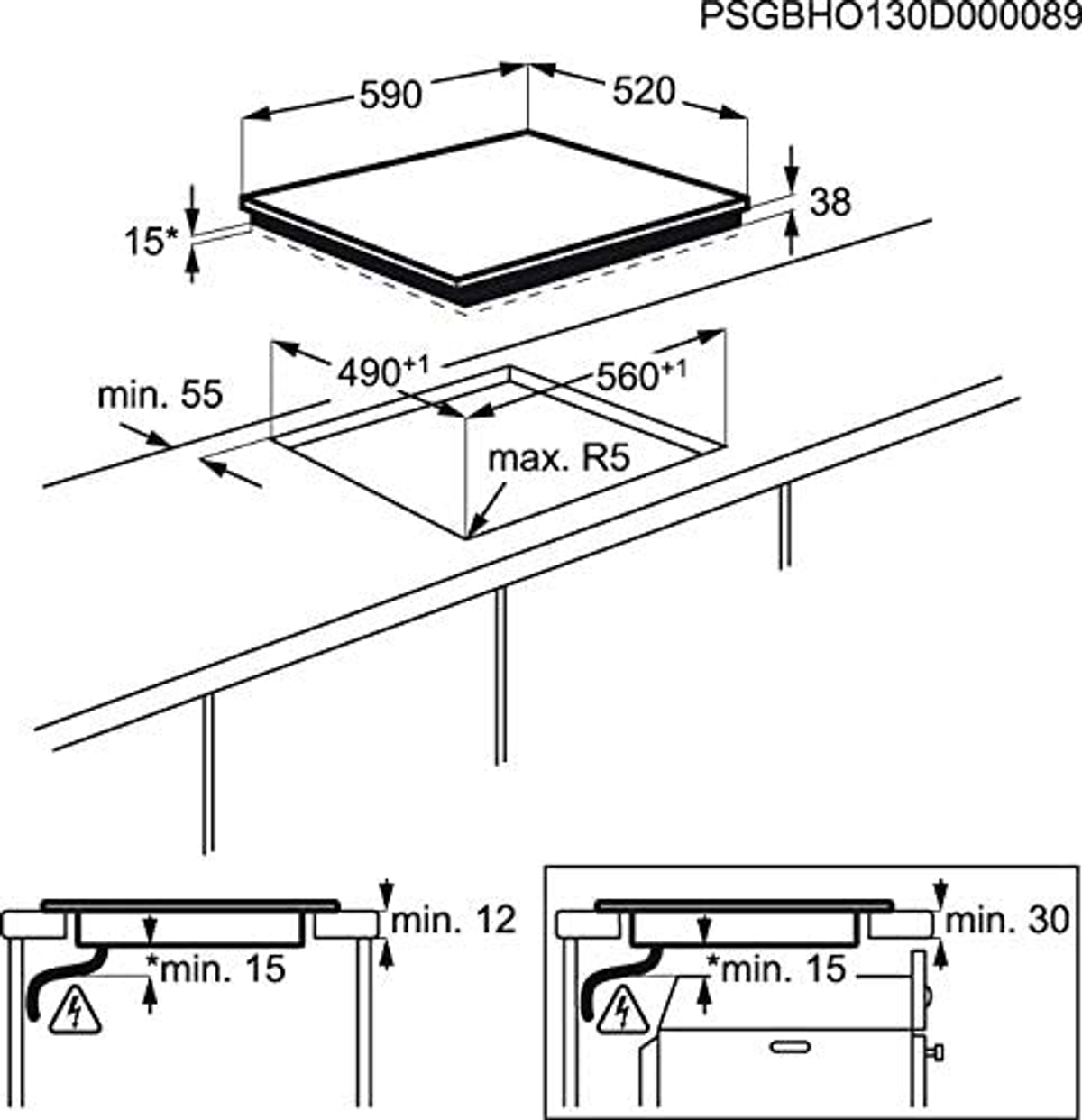 Un diagramma che mostra le dimensioni di un piano cottura integrato, con etichette e misure.