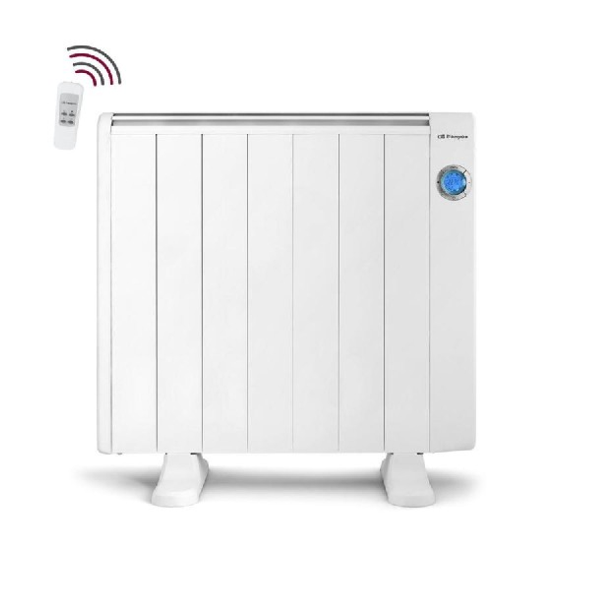 Radiador eléctrico blanco con mando a distancia a la izquierda.