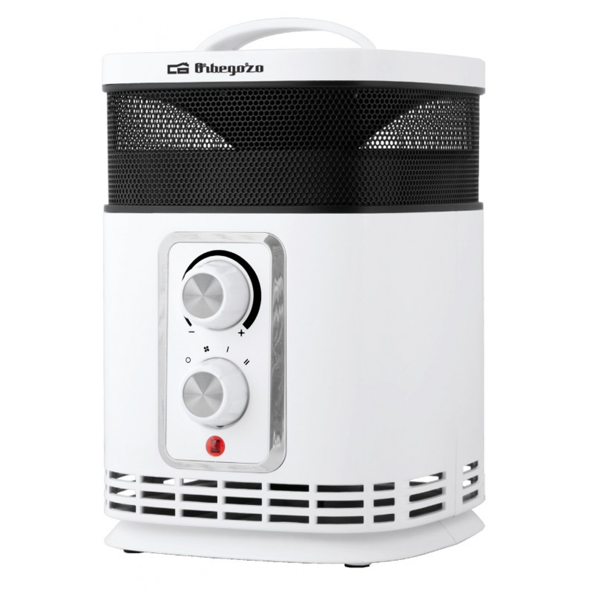 Biały, cylindryczny grzejnik Orbegozo z dwoma pokrętłami i siatkowym wierzchem. Posiada poziome otwory wentylacyjne.