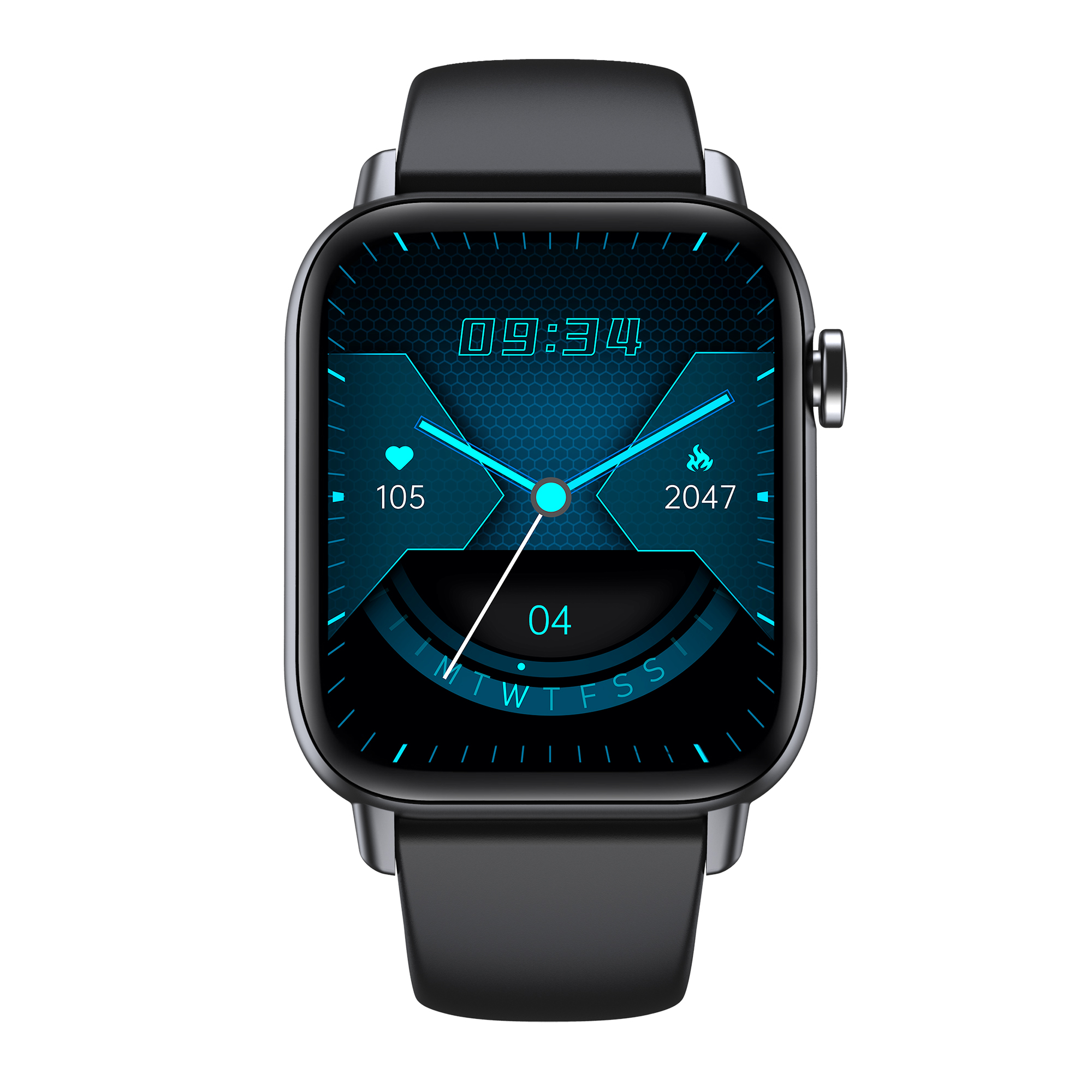 Schwarze Smartwatch mit rechteckigem Bildschirm, der Zeit, Herzfrequenz und andere Daten anzeigt.