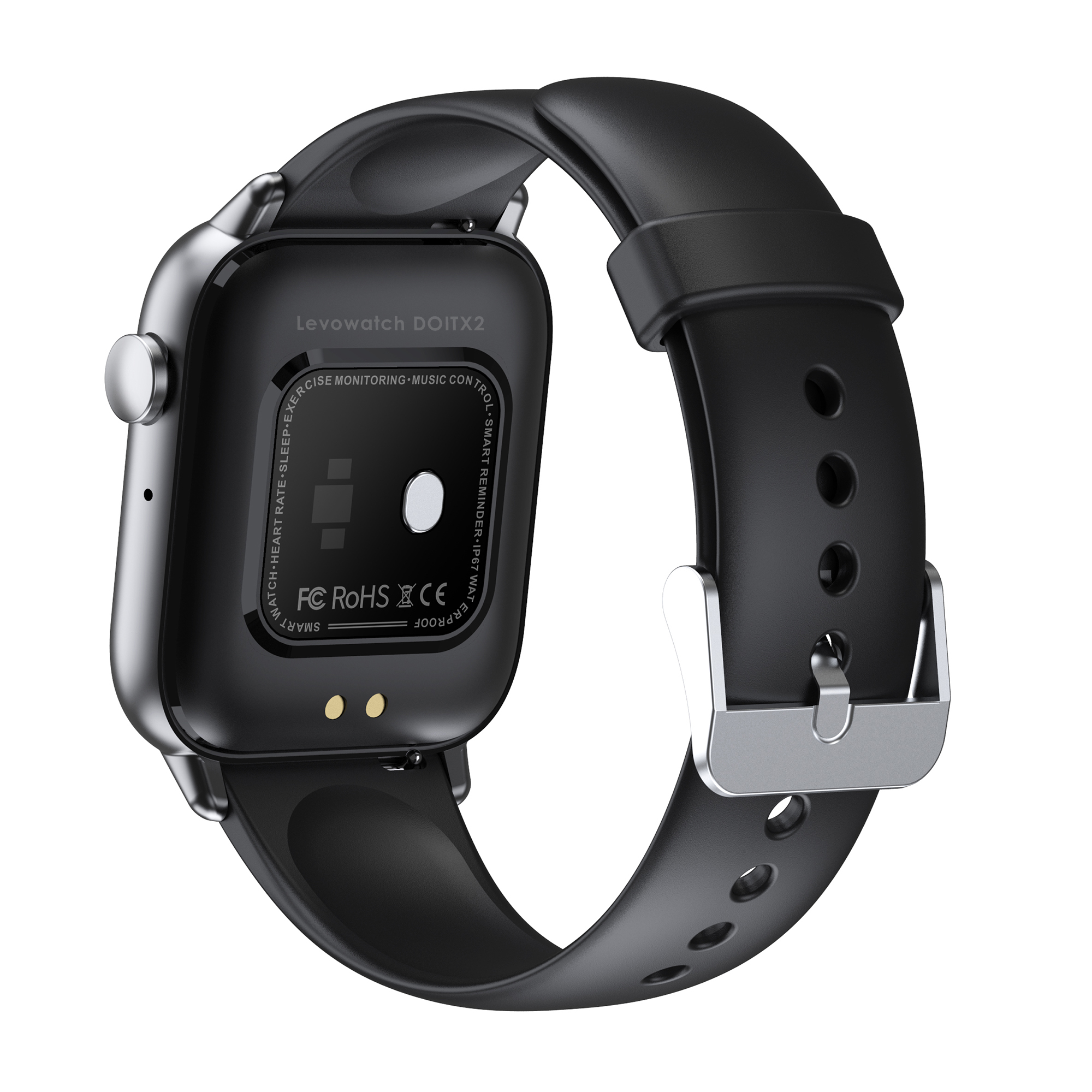 Eine schwarze und silberne Smartwatch mit schwarzem Armband, Rückseite sichtbar.
