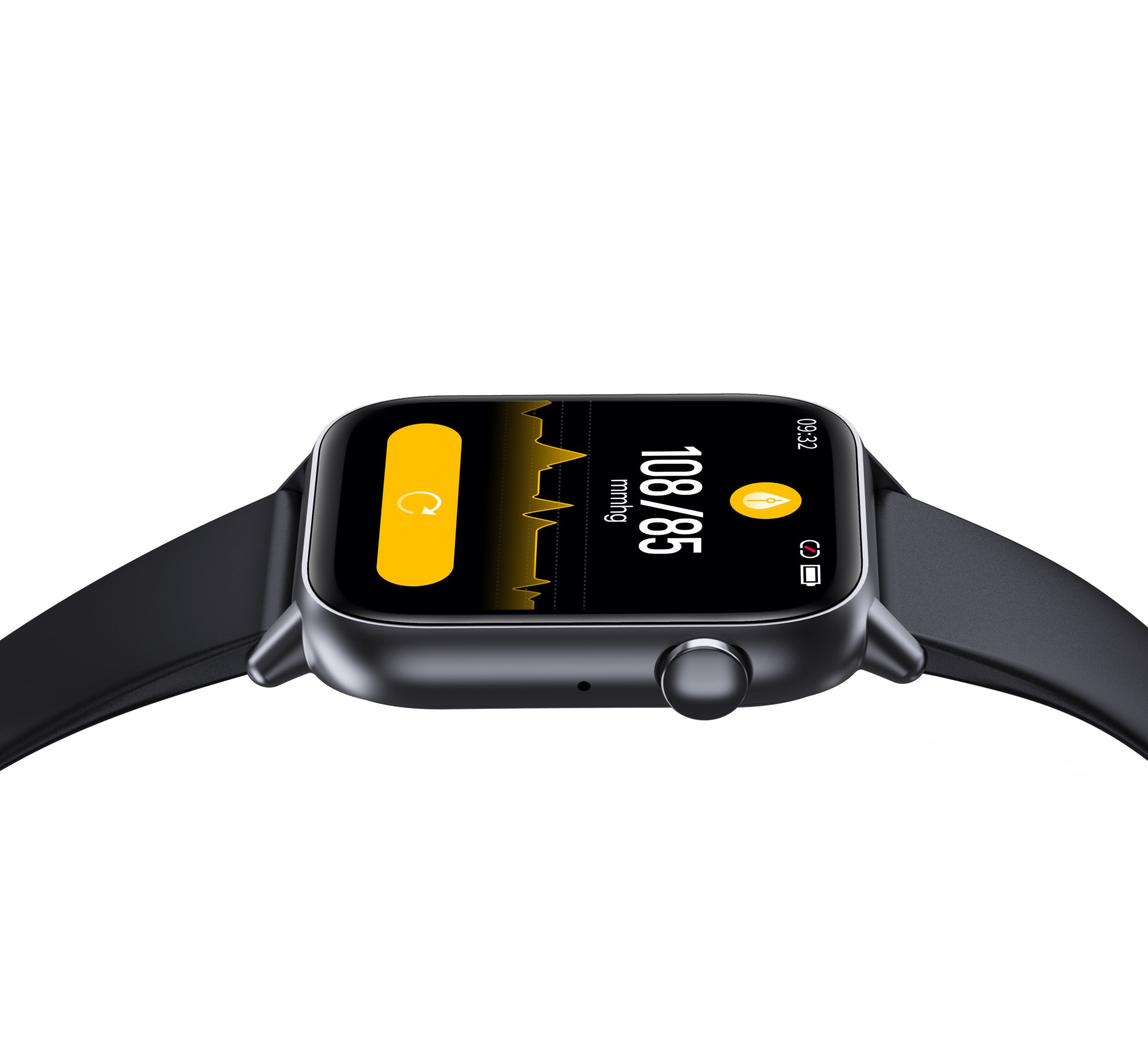 Schwarze Smartwatch, die Herzfrequenz und Uhrzeit auf weißem Hintergrund anzeigt.