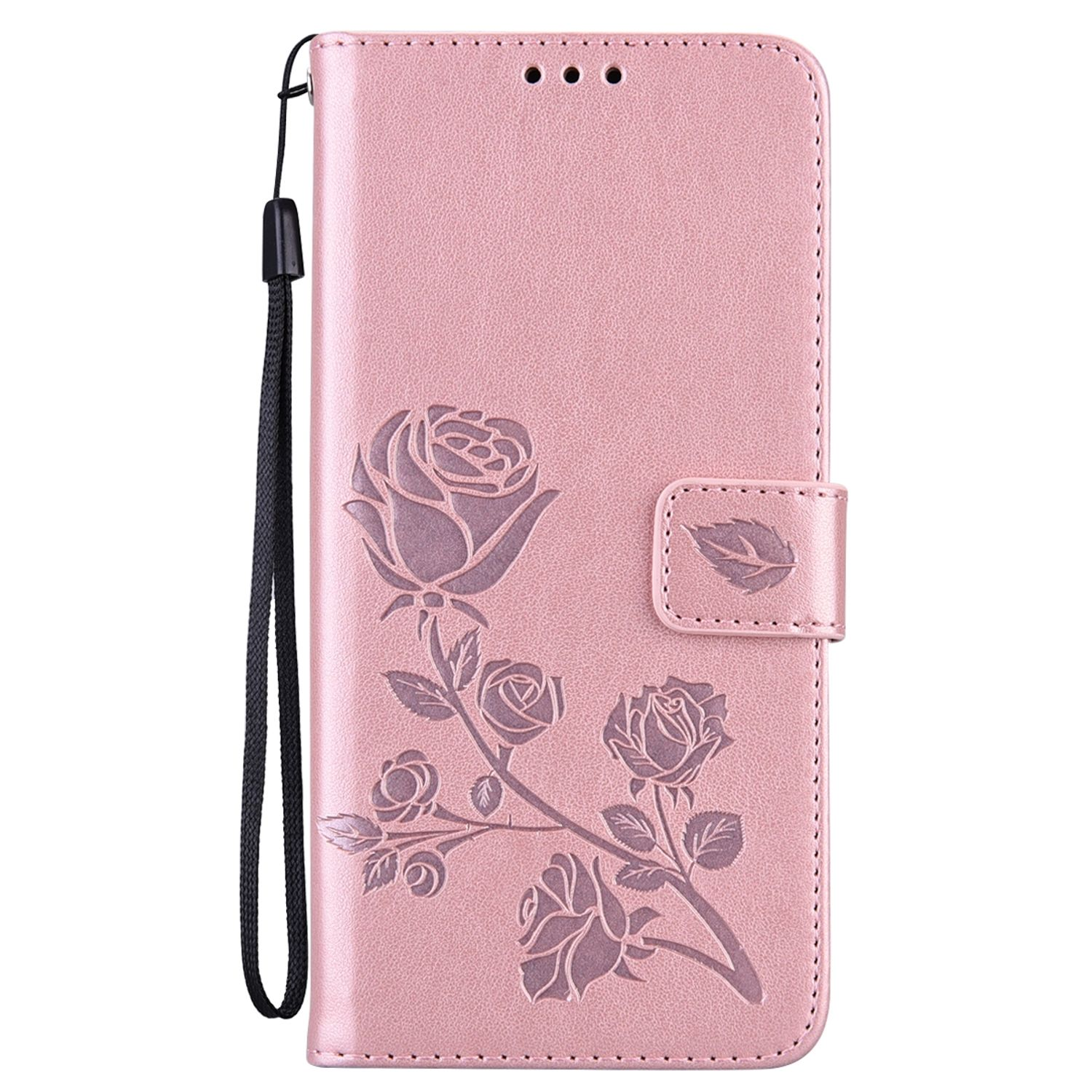 Rosa Handyhülle mit Rosenmuster, Riemen und Verschluss. Das Handy ist nicht sichtbar.