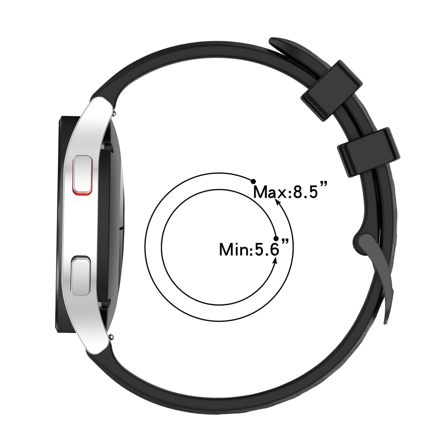 Seitenansicht einer Smartwatch mit schwarzem Armband. Es zeigt die minimalen und maximalen Handgelenkgrößen.