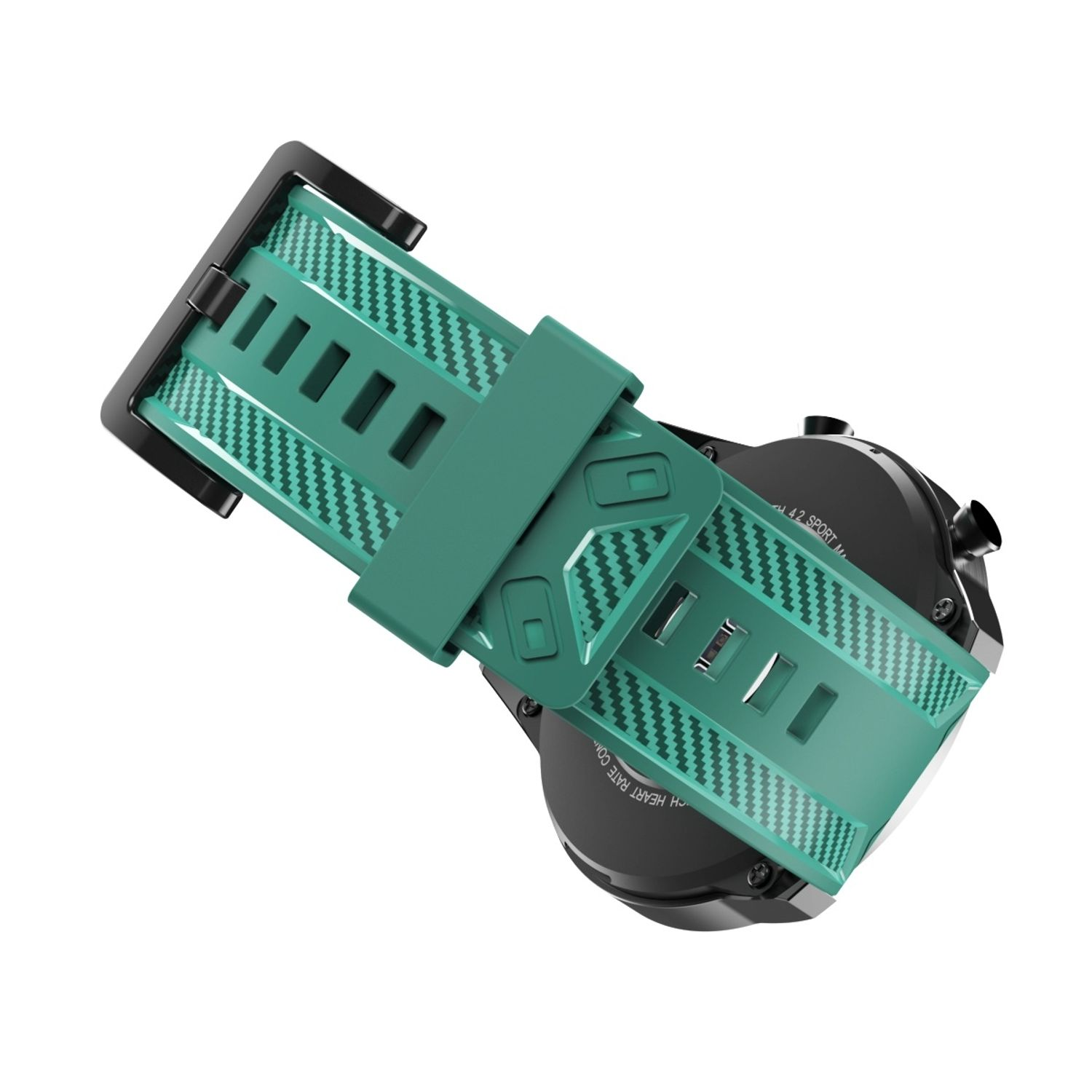 Nahaufnahme einer Smartwatch mit grünem Armband. Das Armband hat ein Kohlefaser-Muster.