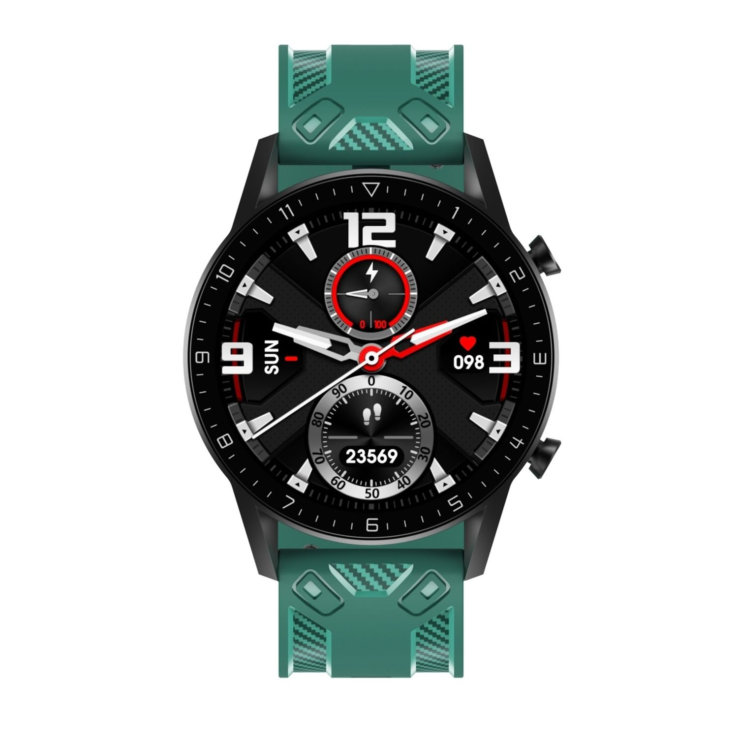 Smartwatch mit grünem Armband, schwarzem Gehäuse und rundem Display. Zeigt Zeit, Herzfrequenz, Schritte.