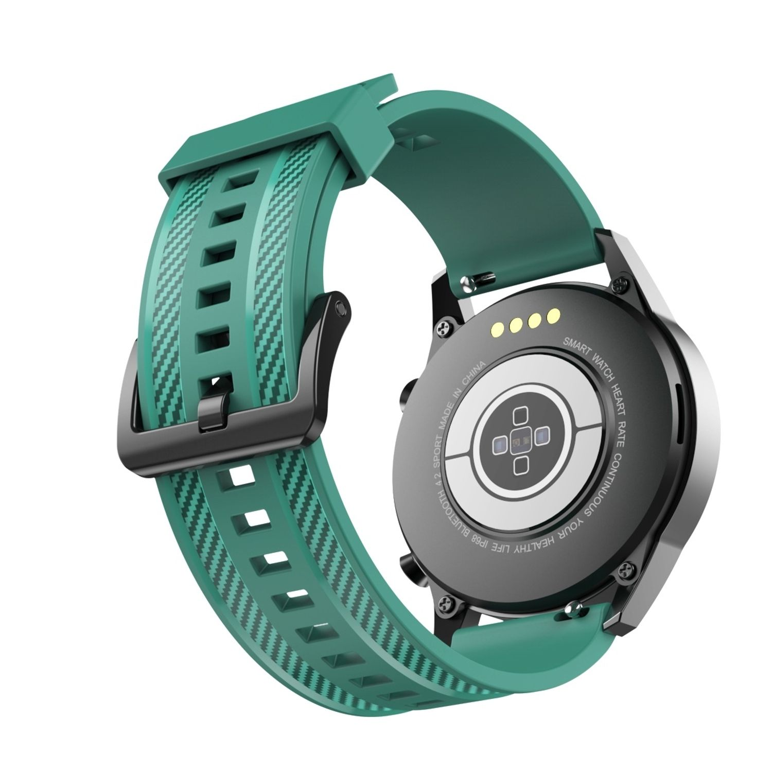 Eine Smartwatch mit grünem Armband, die ihre Rückseite mit Sensoren und Logo vor weißem Hintergrund zeigt.