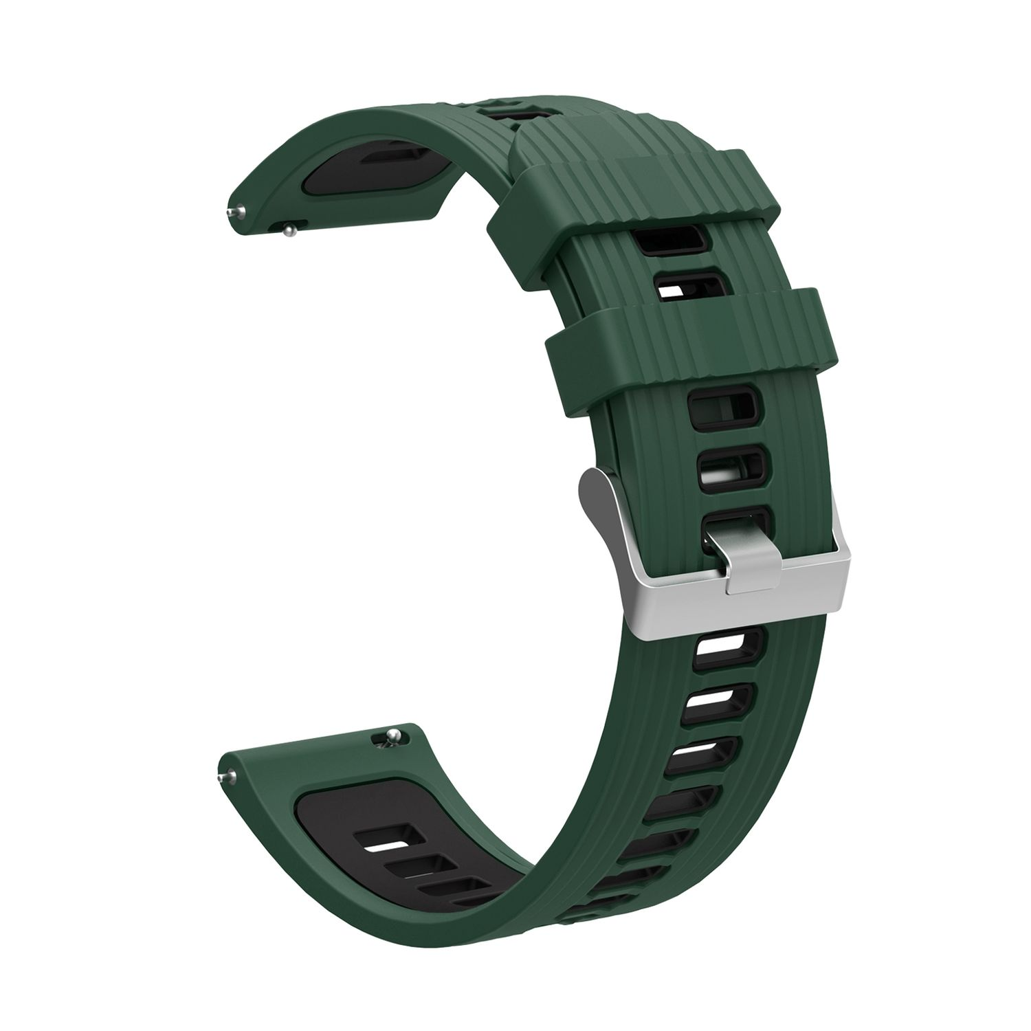 Grünes Armband mit silberner Schließe. Schwarze Innenseite. Isoliert auf weißem Hintergrund.