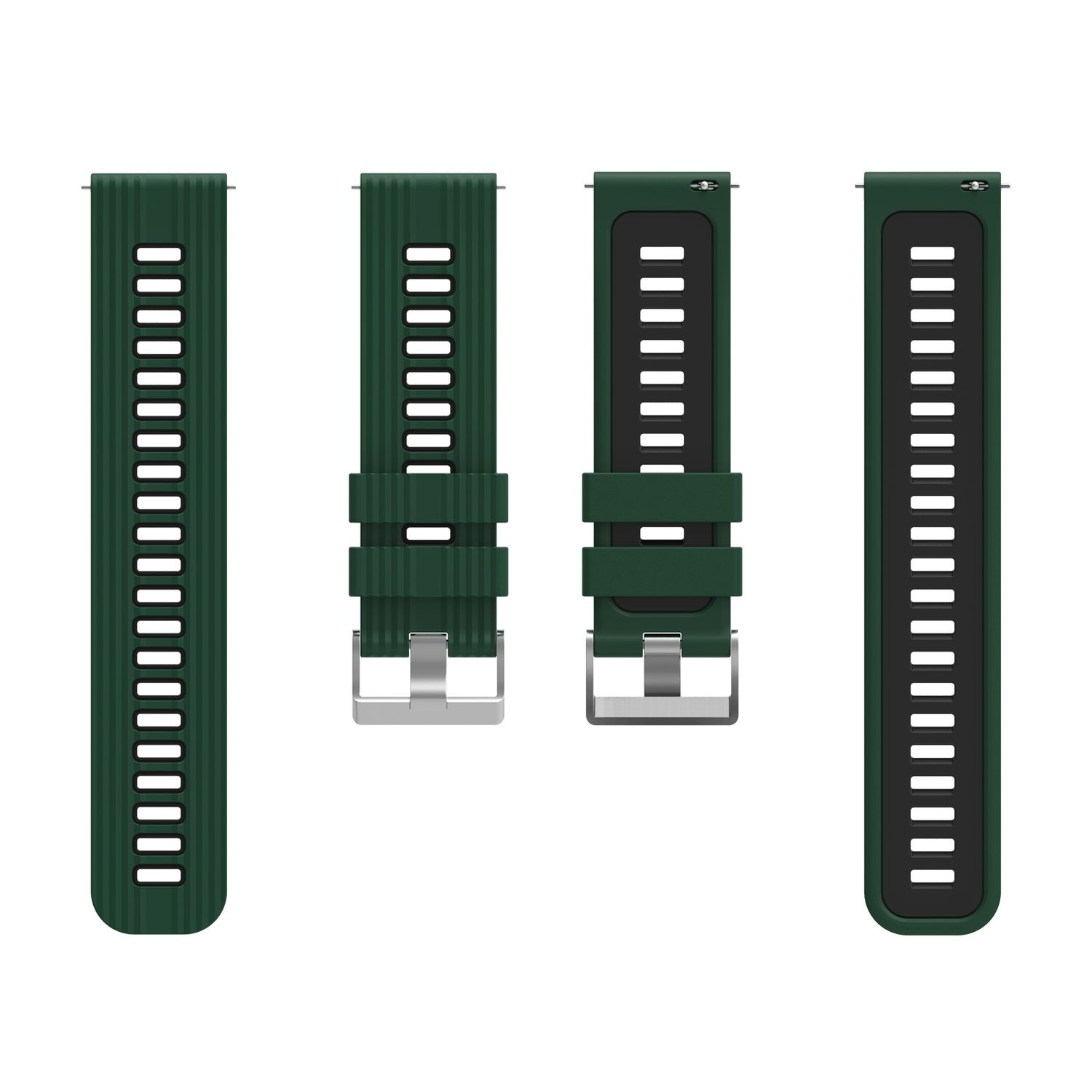 Vier grüne Uhrenarmbänder mit schwarzen Streifen. Silberschnallen sind auf zwei Armbändern sichtbar.