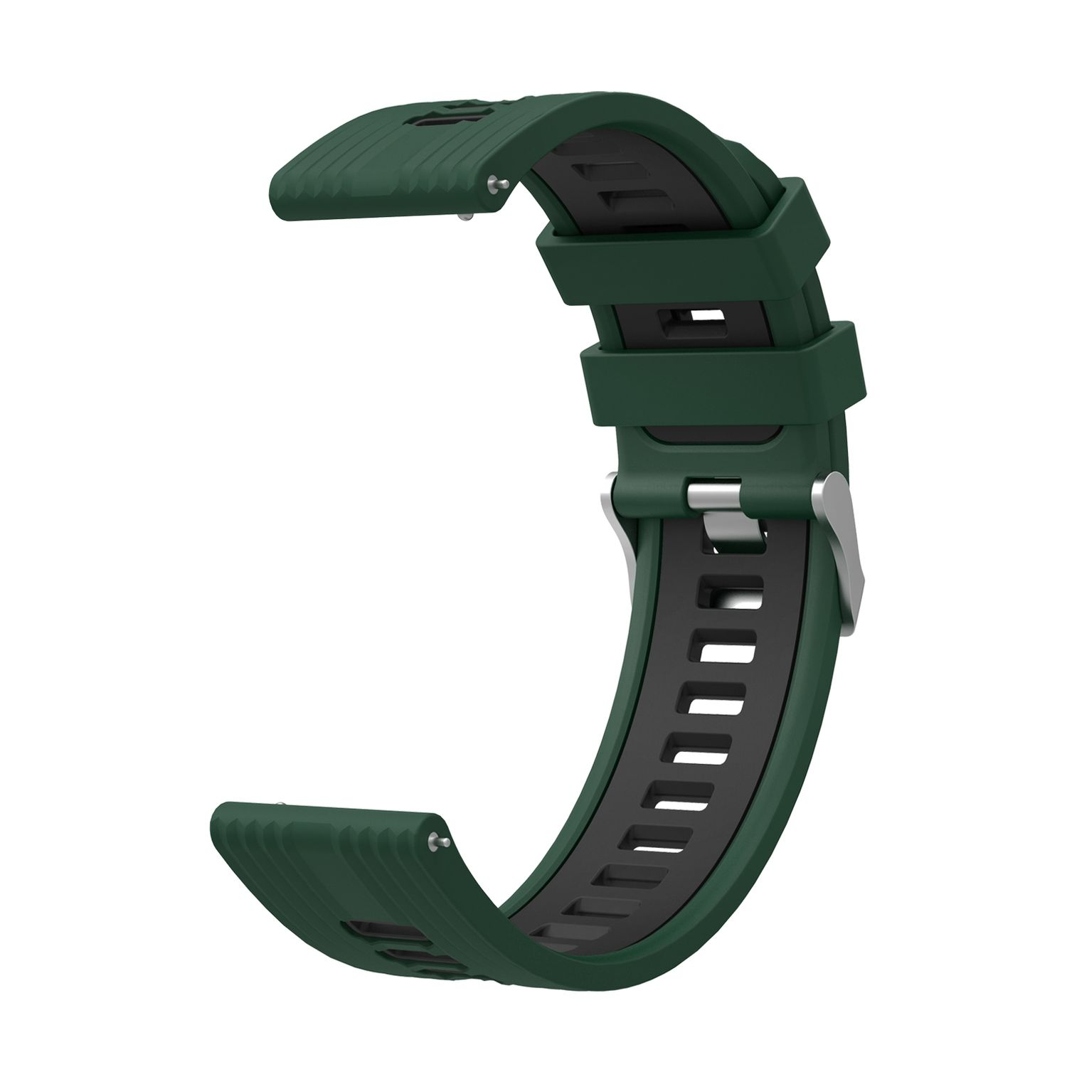 Dunkelgrünes Uhrenarmband mit schwarzem Innenfutter und silberner Schnalle.
