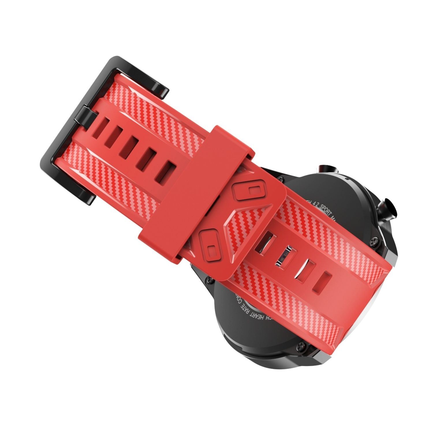 Rote und schwarze Smartwatch mit rotem Armband. Das Armband hat ein Kohlefaser-Muster.