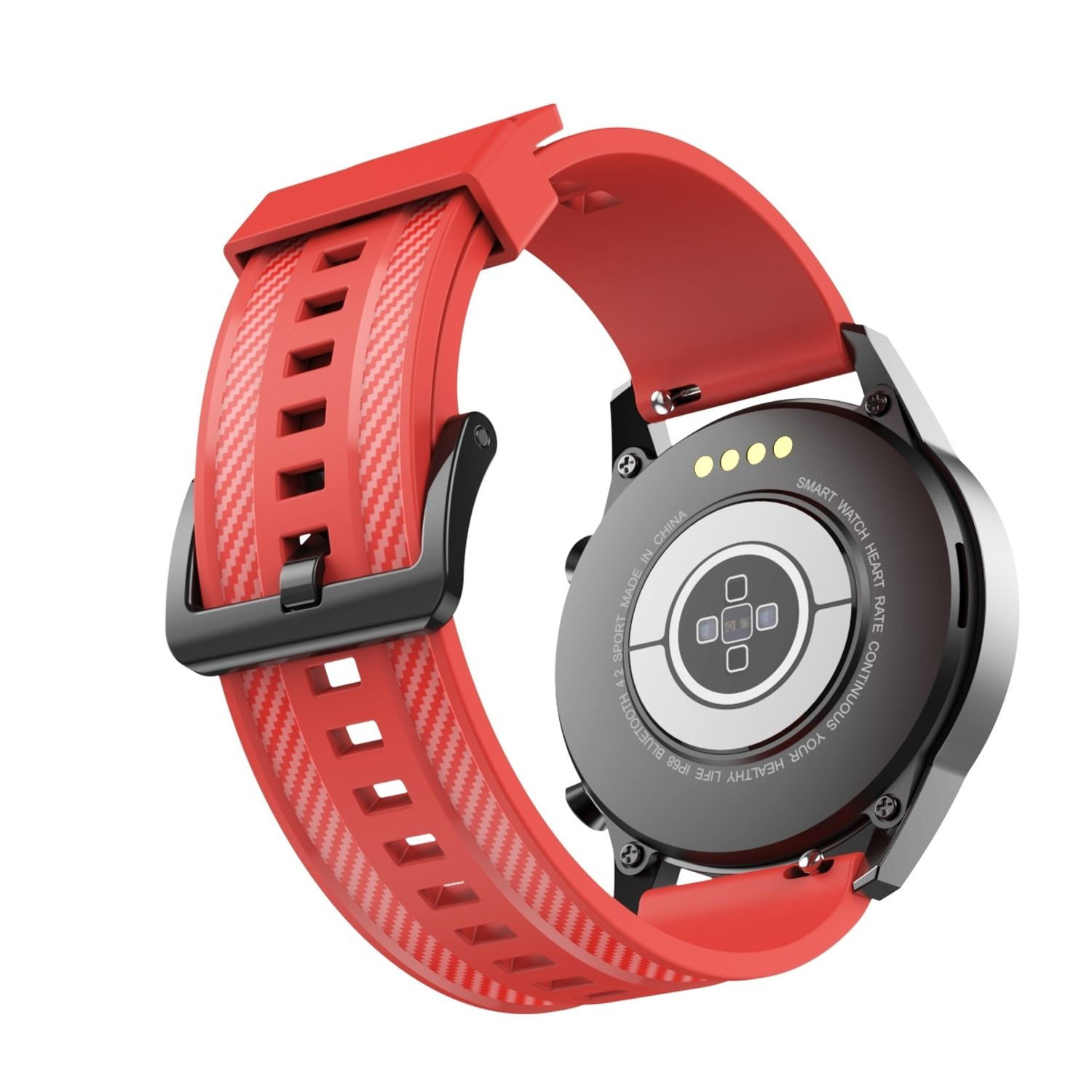 Smartwatch, rotes Armband, schwarzes Zifferblatt mit Details auf der Rückseite.