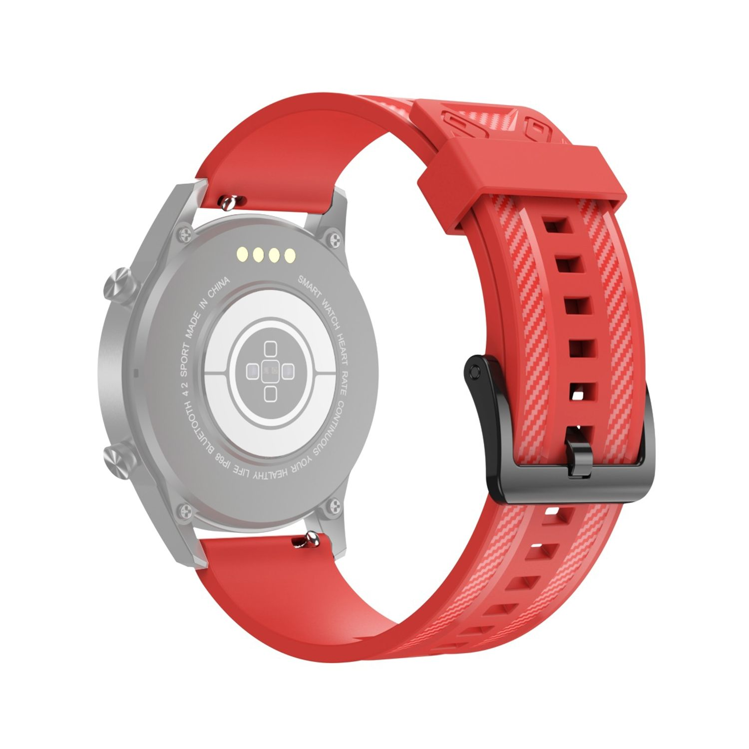 Rote Smartwatch, mit rotem Armband, schwarzer Schnalle und silbernem Gehäuse. Rückseite zeigt Sensoren und Etiketten.