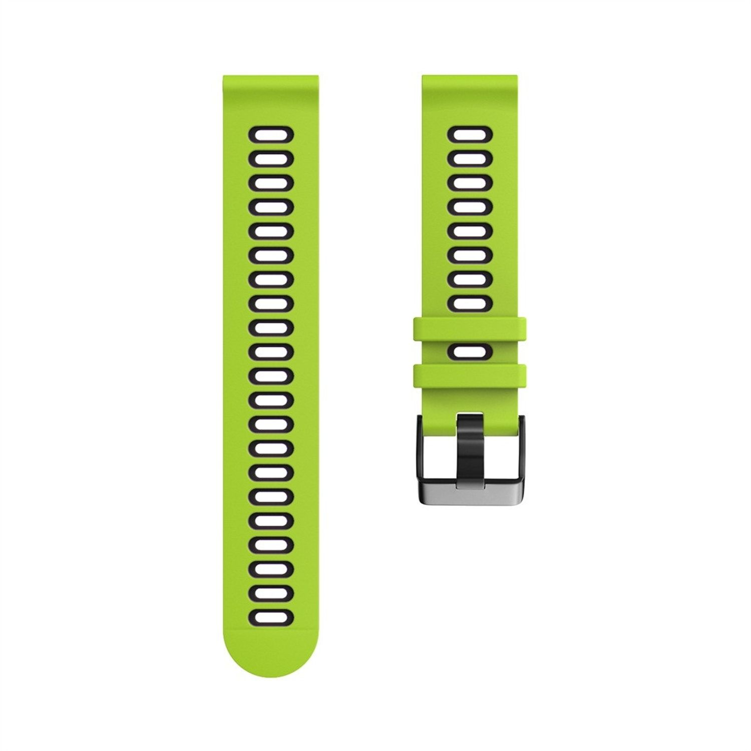 Zwei neongrüne Uhrenarmbänder nebeneinander. Ein Armband hat eine Schnalle.