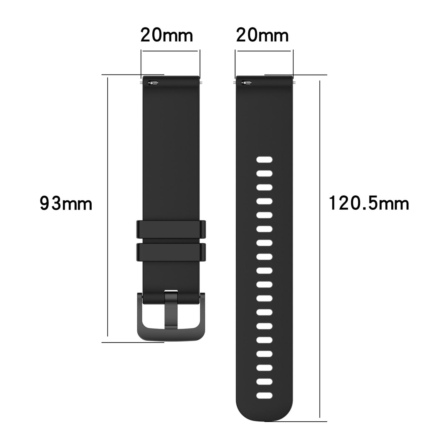 Schwarzes Uhrenarmband mit Maßen: 93mm, 20mm, 120,5mm und 20mm, auf weißem Hintergrund.