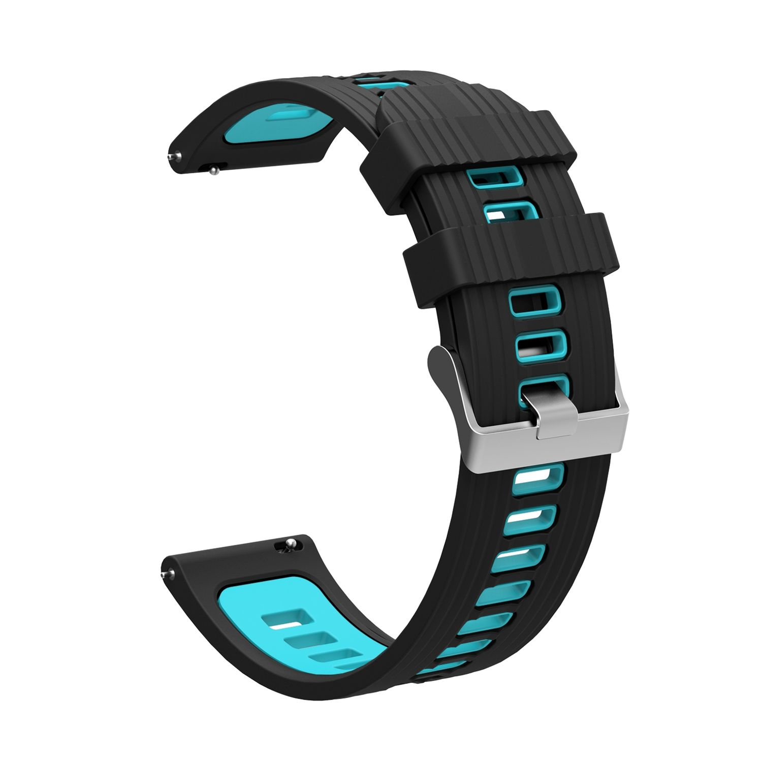 Schwarzes und blaues Uhrenarmband. Metallverschluss. Weißer Hintergrund.