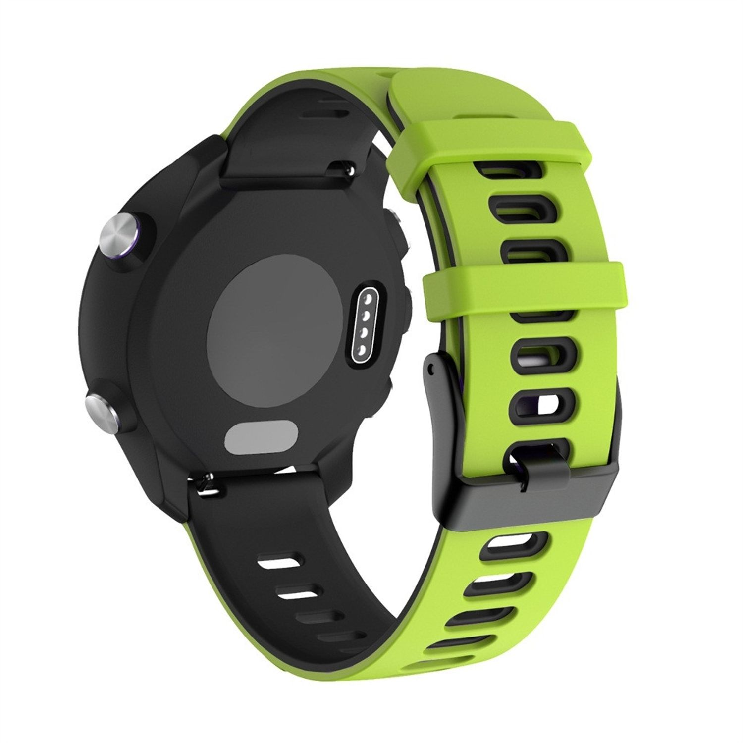 Ein grünes und schwarzes Uhrenarmband mit einer Uhr, von hinten gesehen.