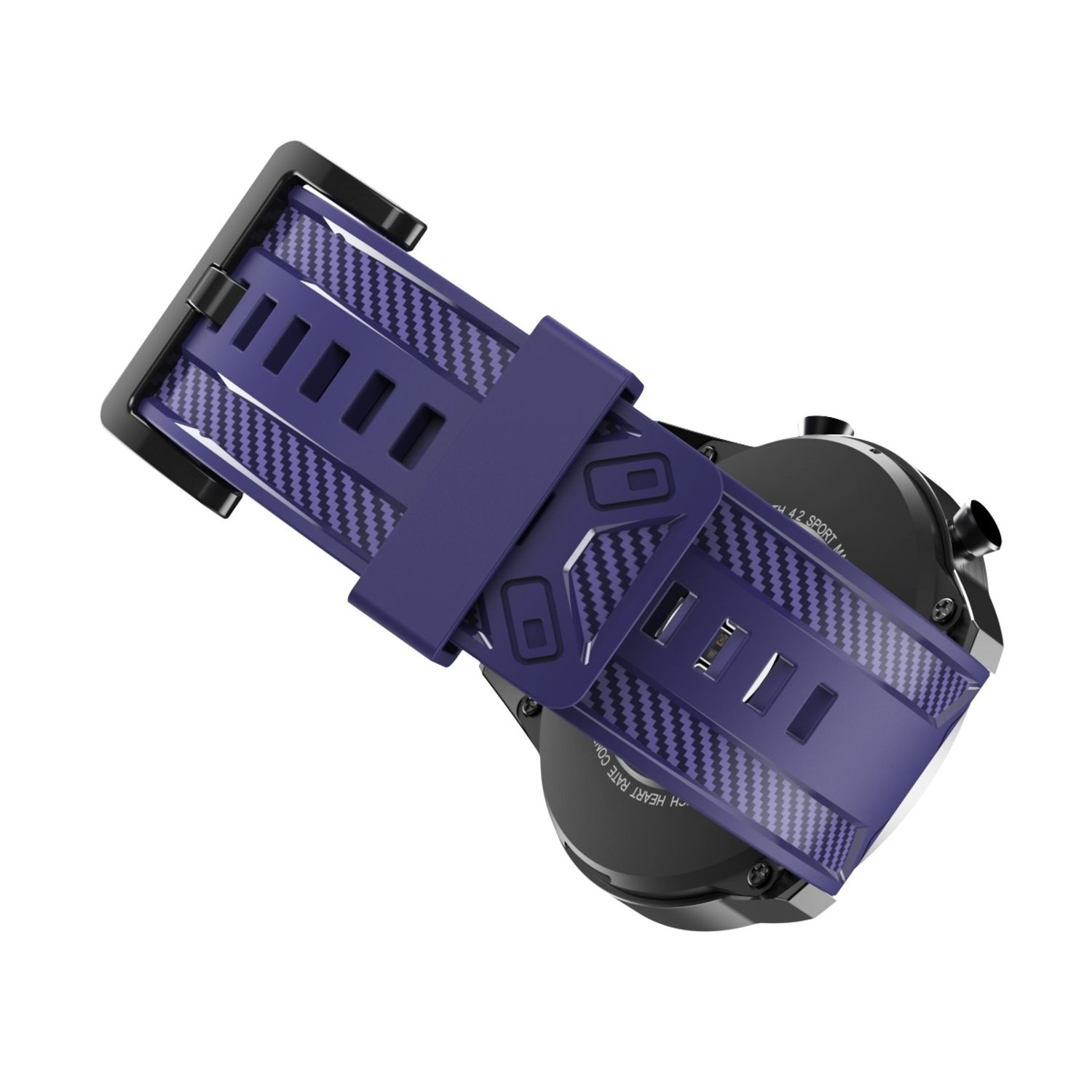 Ein blaues und Karbonfaser-Uhrenarmband, das an einer schwarzen Uhr befestigt ist.