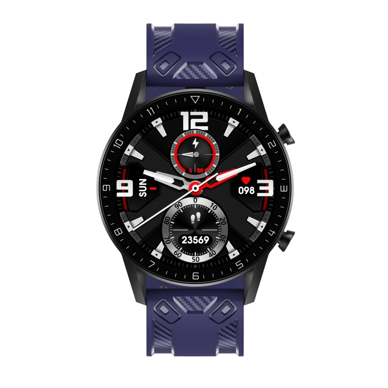 Schwarze Smartwatch mit blauem Armband, rundem Display mit Zeit, Herzfrequenz und Schritten.