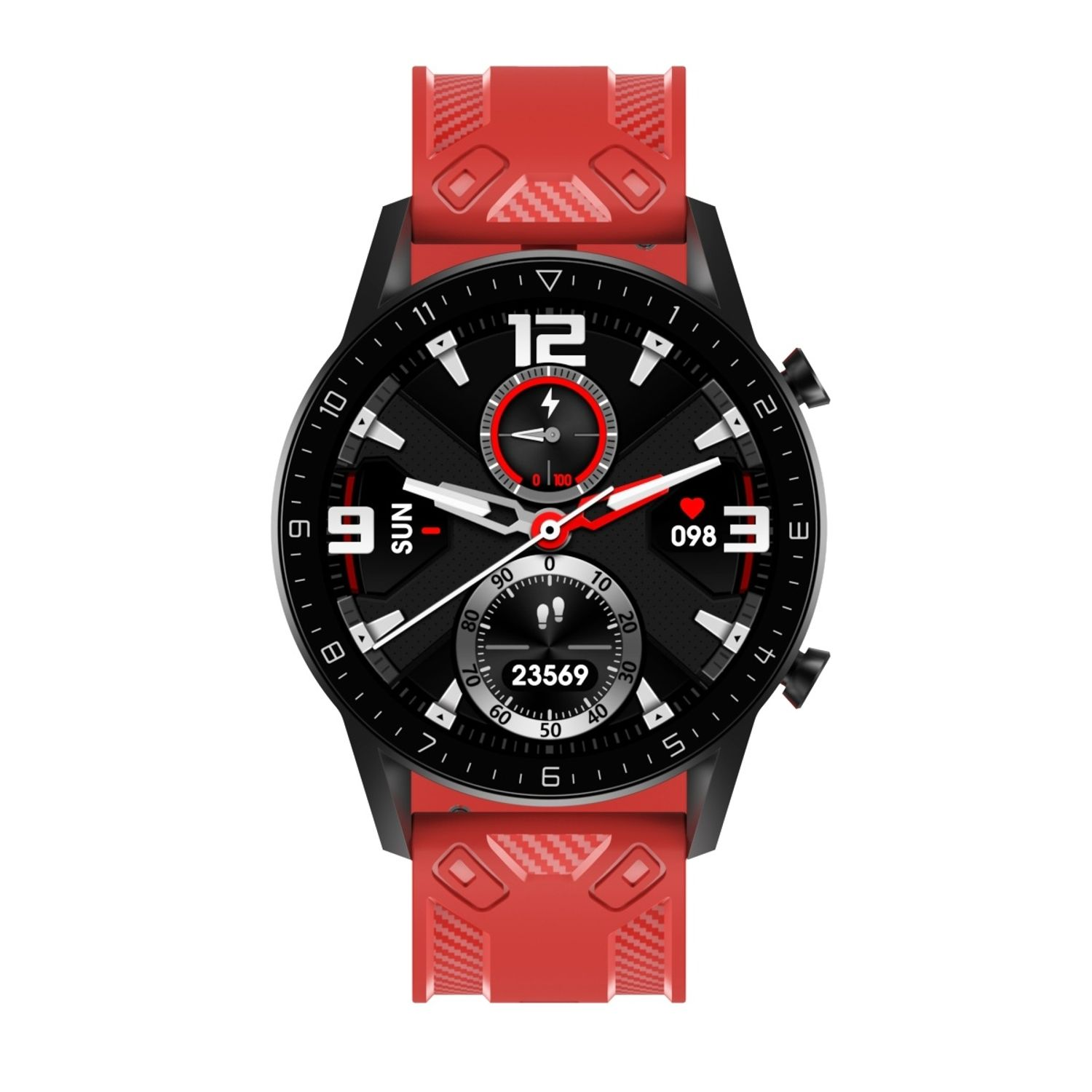 Schwarze und rote Smartwatch. Das Zifferblatt zeigt Zeit, Herzfrequenz und Schritte.