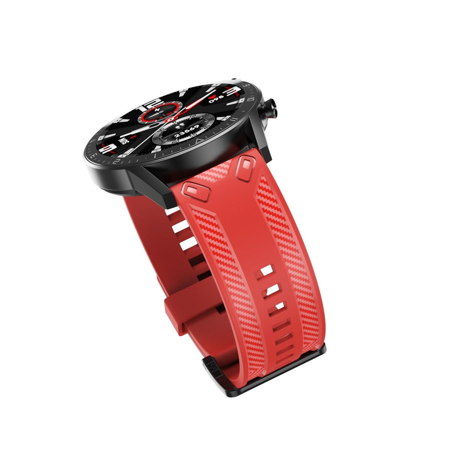 Eine schwarze Smartwatch mit rotem Armband. Das Zifferblatt ist schwarz mit weißen und roten Markierungen.