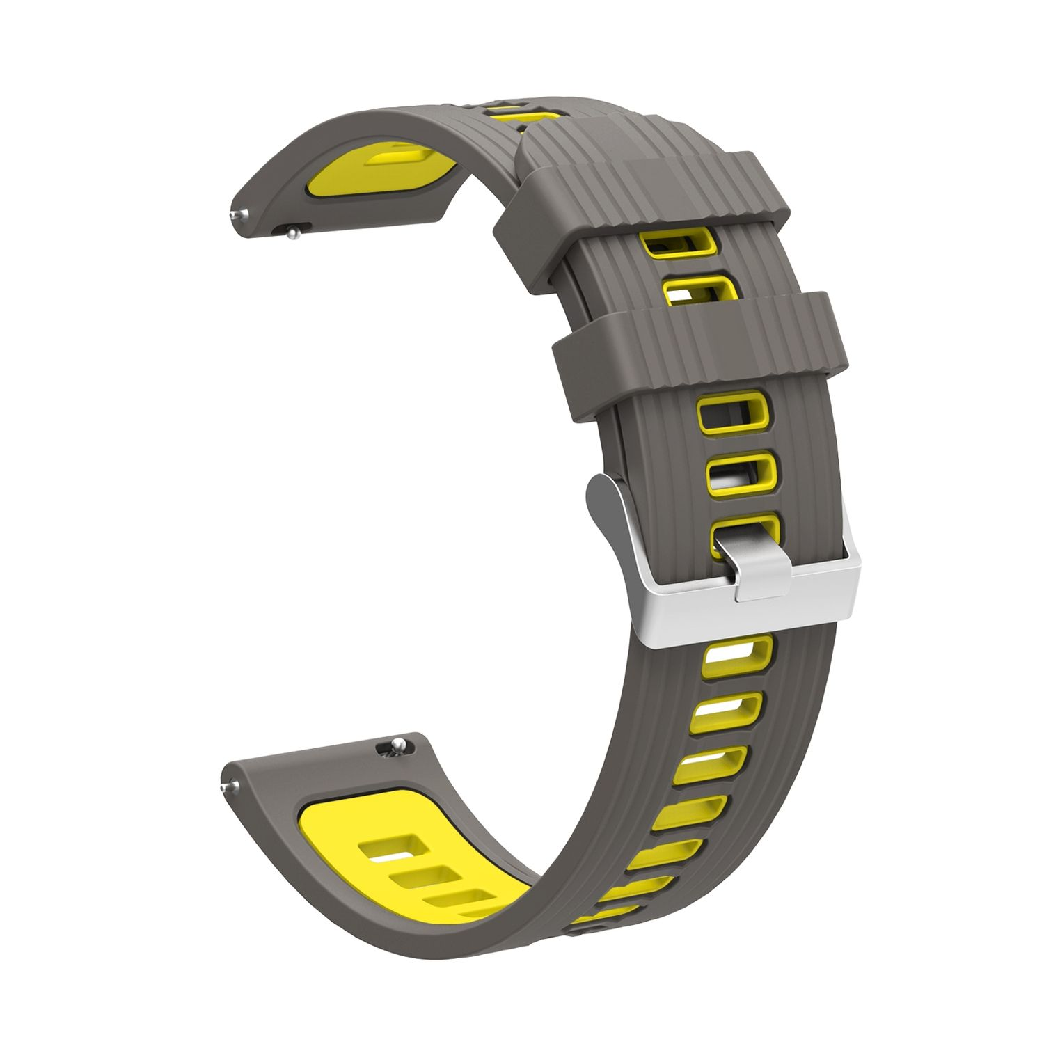 Graues und gelbes Uhrenarmband. Das Band hat eine Metallschnalle und gelbe Akzente.