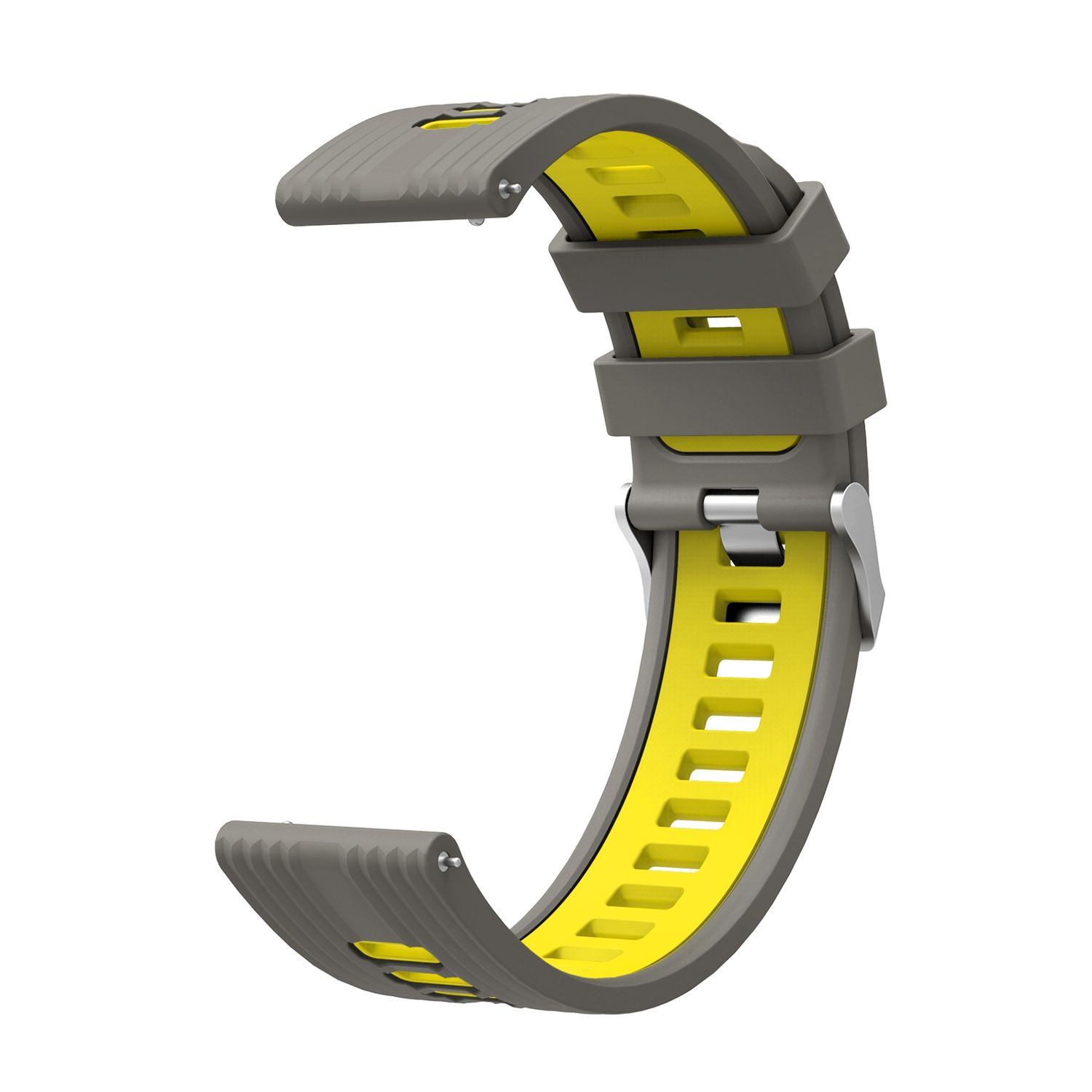 Graues und gelbes Uhrenarmband. Das Armband ist gebogen und hat einen Verschluss. Gelb ist innen.