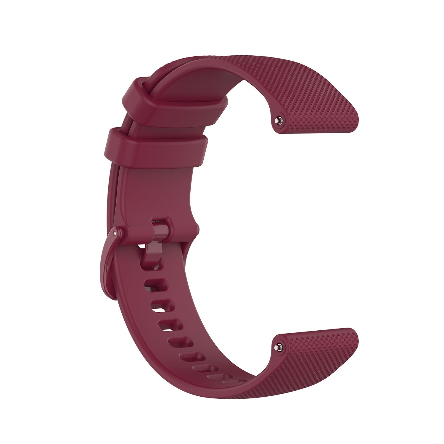 Ein weinrotes Uhrenarmband auf weißem Hintergrund. Das Armband ist gebogen und hat eine strukturierte Oberfläche.